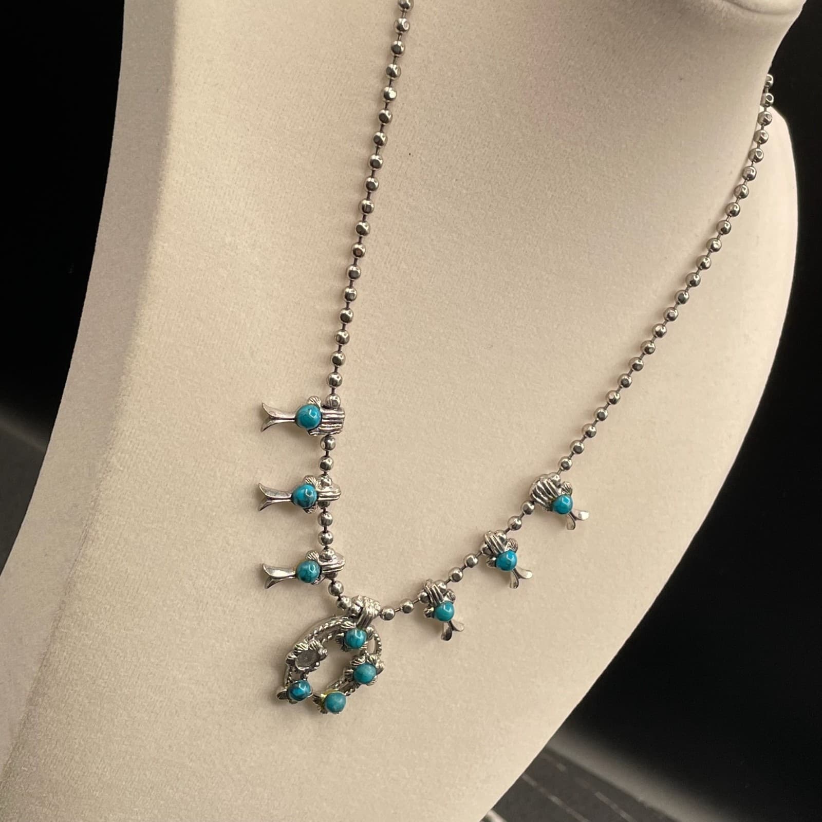 Vintage VTG Silver-Tone Lobster Turquoise Beaded Squash Blossom Naja Pendant - Thumbnail 8