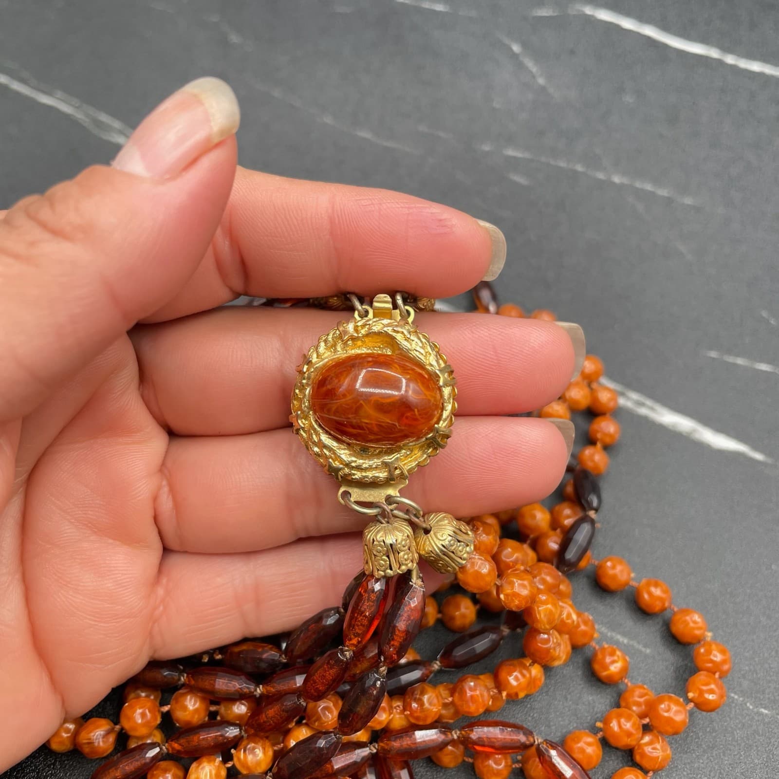 Vintage Amber Stone Gold-Toned Beaded Multi-Strand Classic Convertible Necklace - Thumbnail 2