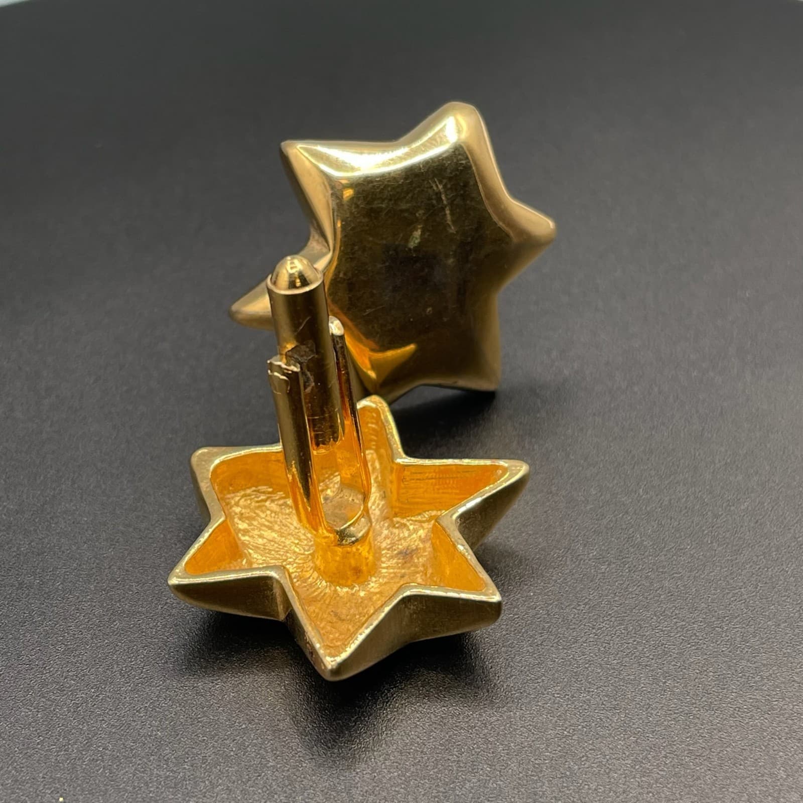 Vintage Chunky Shiny Gold Tone Clip-Back Puffed Star Cuff Links - Thumbnail 6