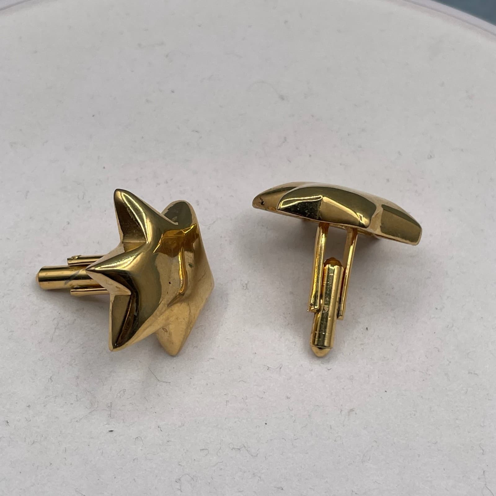 Vintage Chunky Shiny Gold Tone Clip-Back Puffed Star Cuff Links - Thumbnail 5