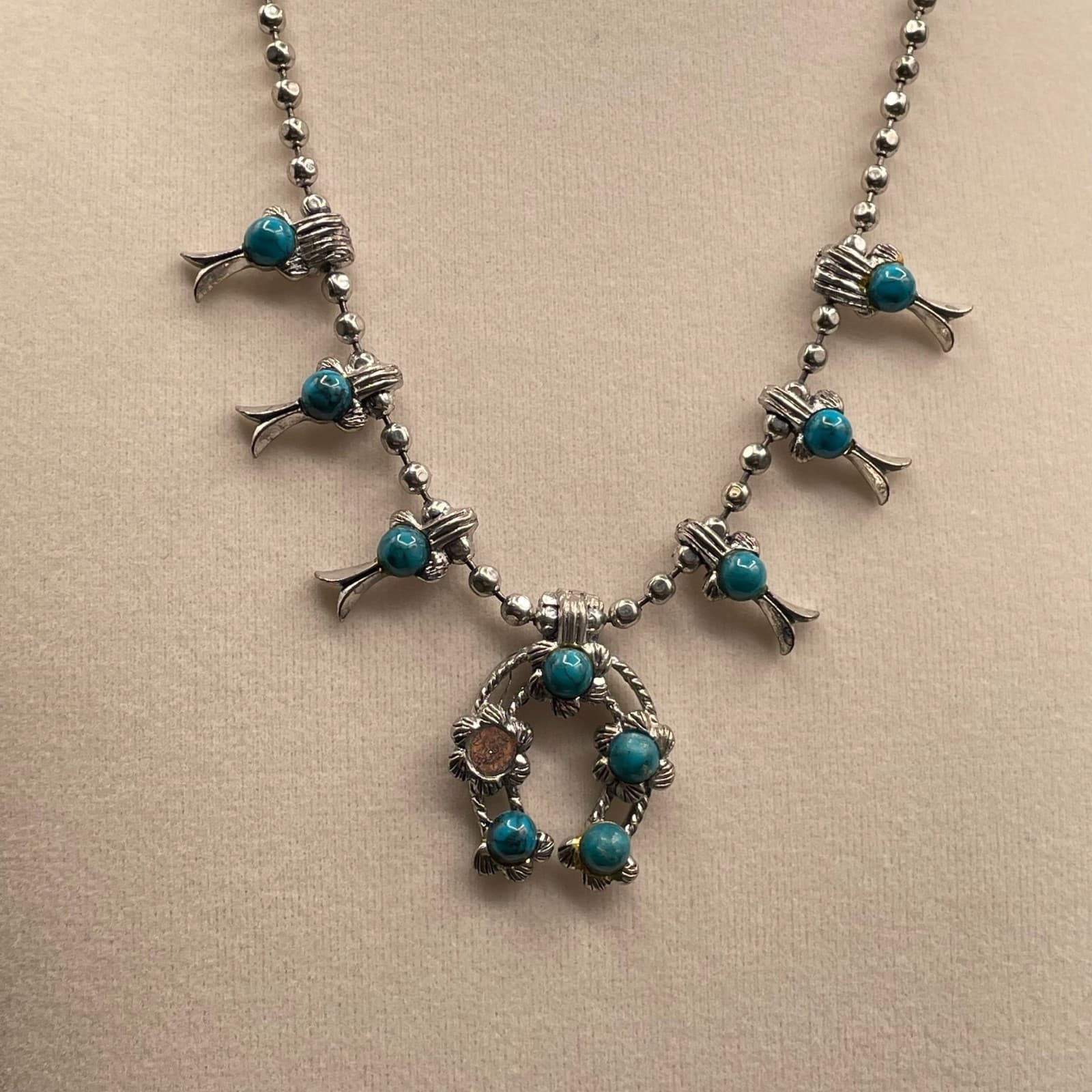 Vintage VTG Silver-Tone Lobster Turquoise Beaded Squash Blossom Naja Pendant - Thumbnail 6