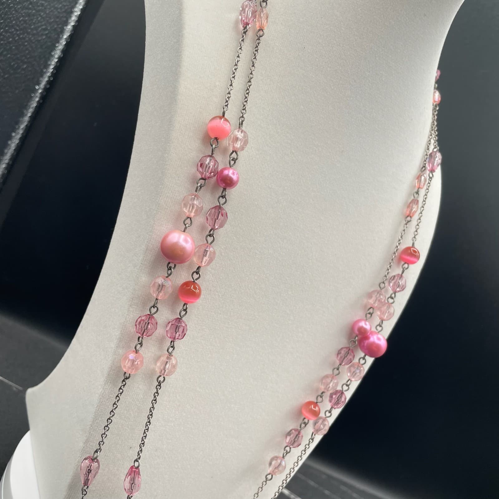 Vintage Pink Faux Pearl Crystal Glass Silver-Tone Classic Beaded Necklace - 30" - Thumbnail 4