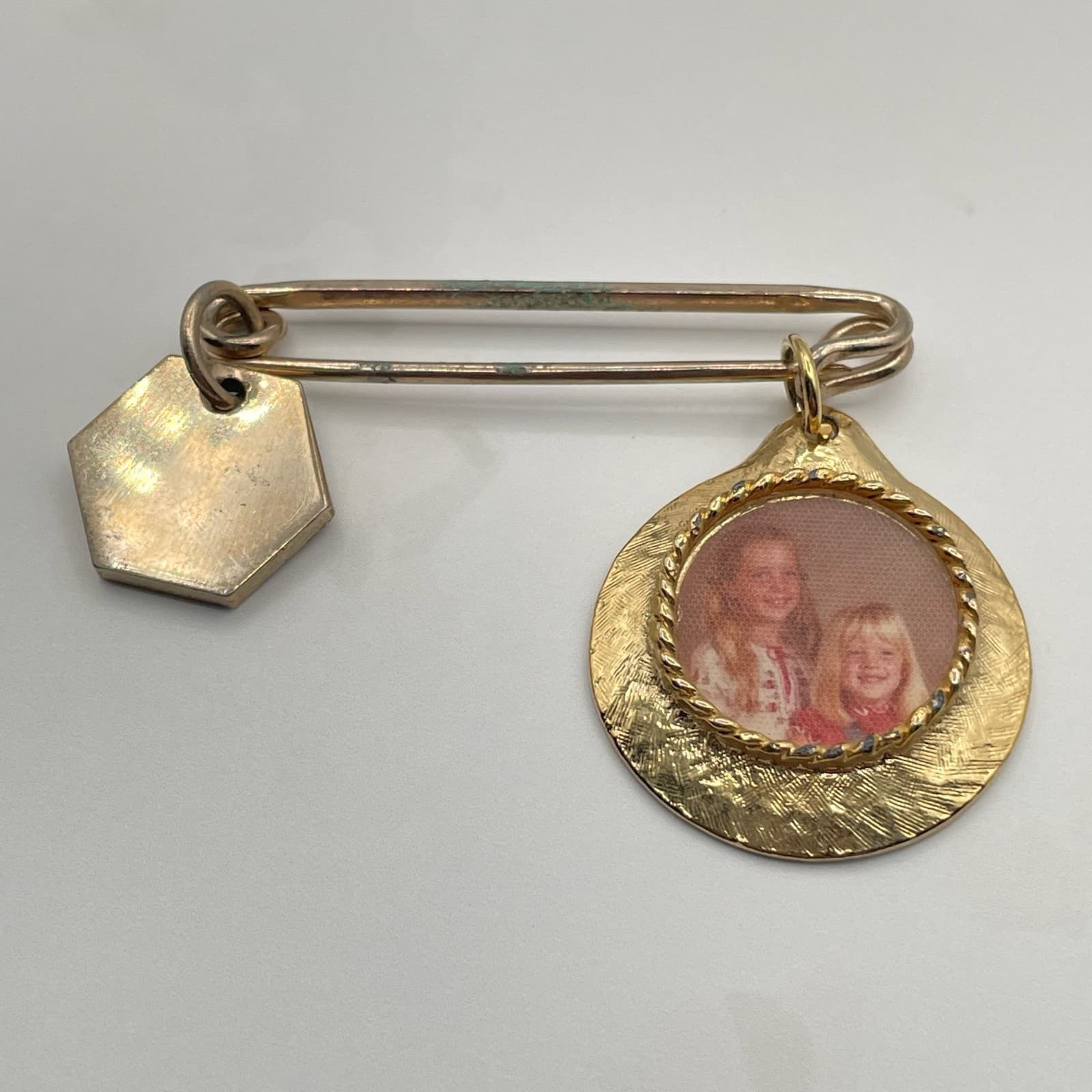 Vintage Gold-Tone Safety Lapel Pin Custom Photo Charm with Picture 60s - Thumbnail 5