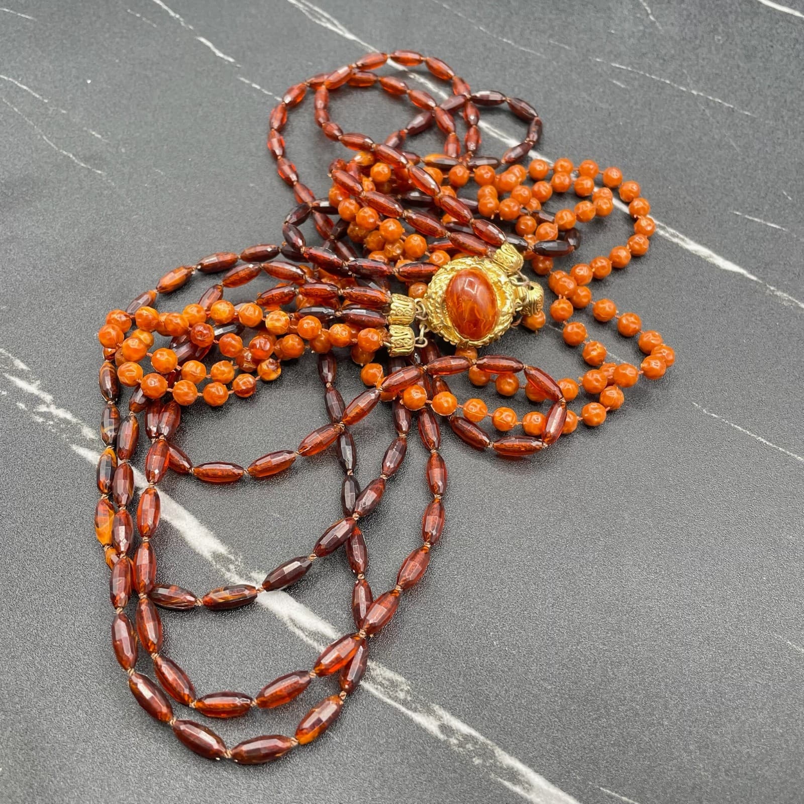 Vintage Amber Stone Gold-Toned Beaded Multi-Strand Classic Convertible Necklace - Thumbnail 5