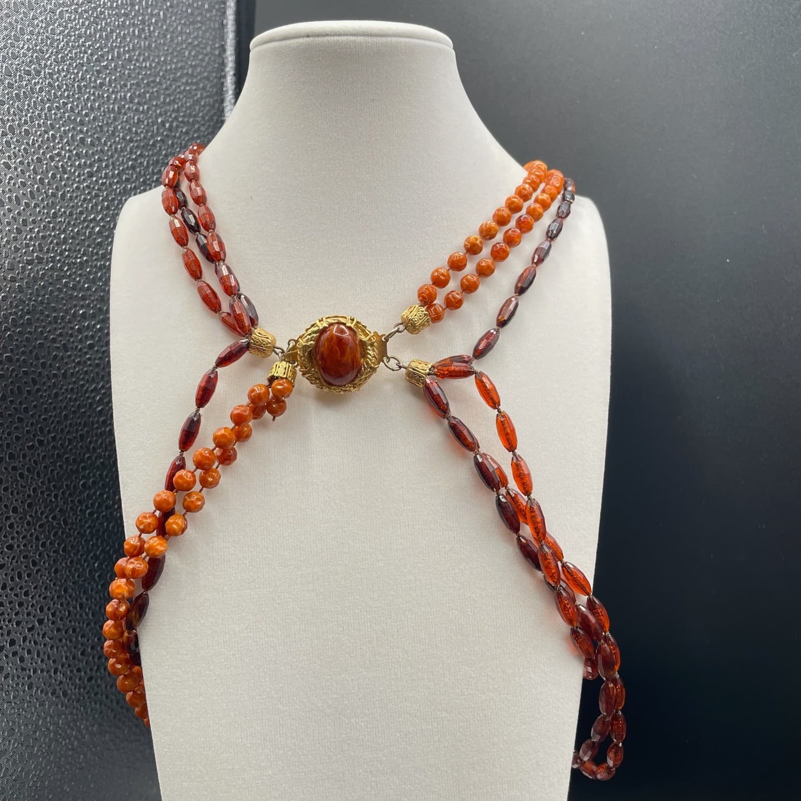 Vintage Amber Stone Gold-Toned Beaded Multi-Strand Classic Convertible Necklace - Thumbnail 7