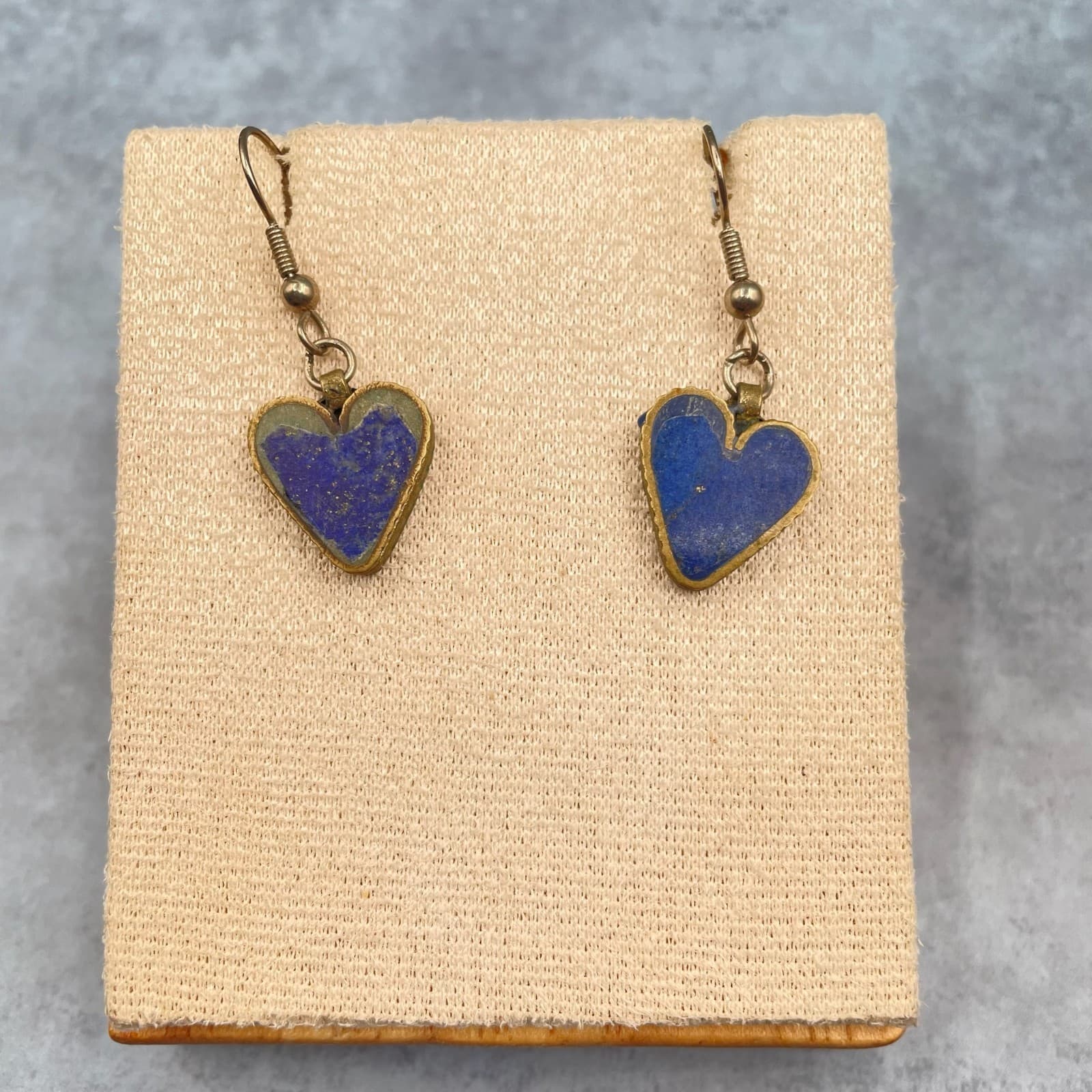 Vintage Style Boho Brass Tone Dangle Hook Lapis Lazuli Heart Drop Earrings - Thumbnail 5