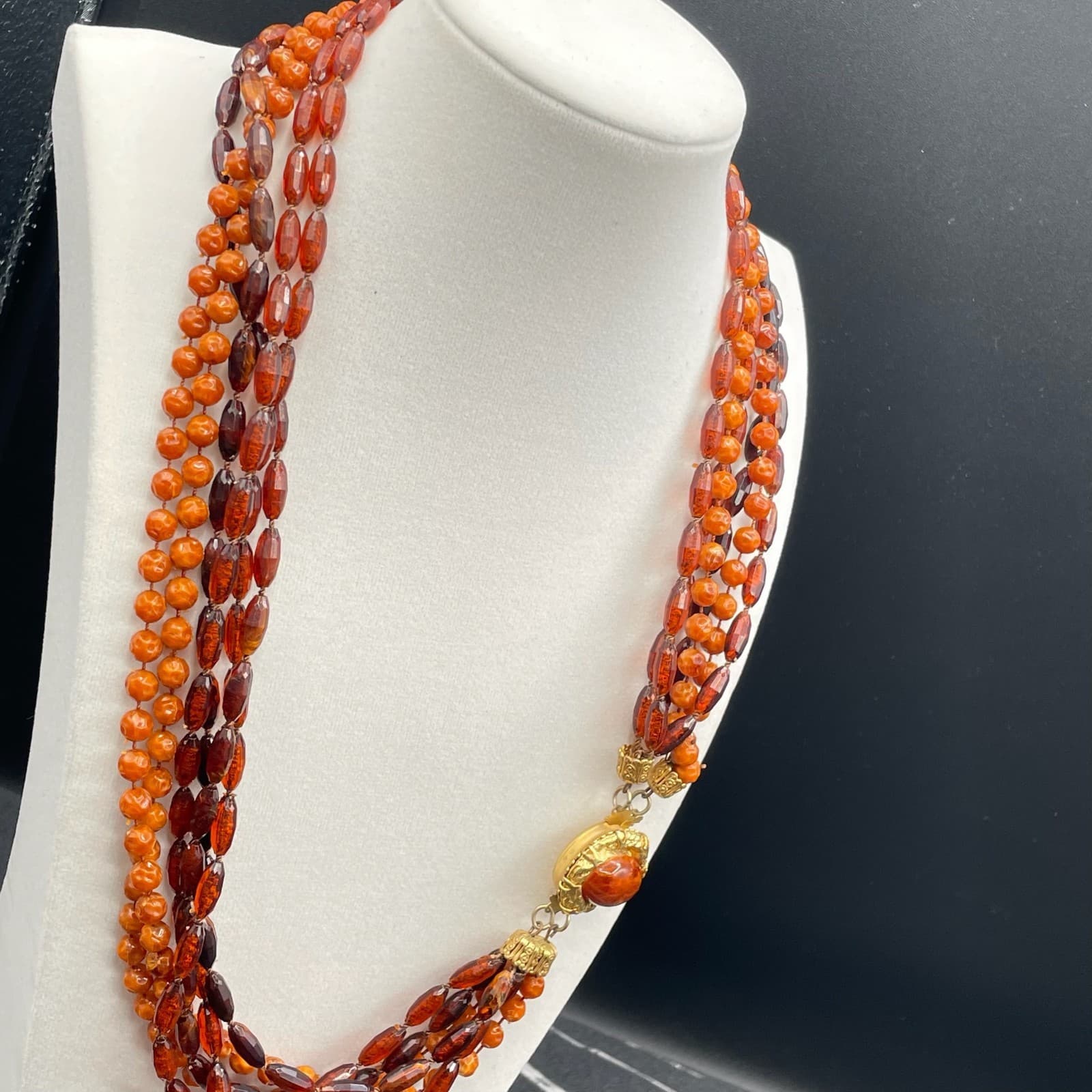 Vintage Amber Stone Gold-Toned Beaded Multi-Strand Classic Convertible Necklace - Thumbnail 15