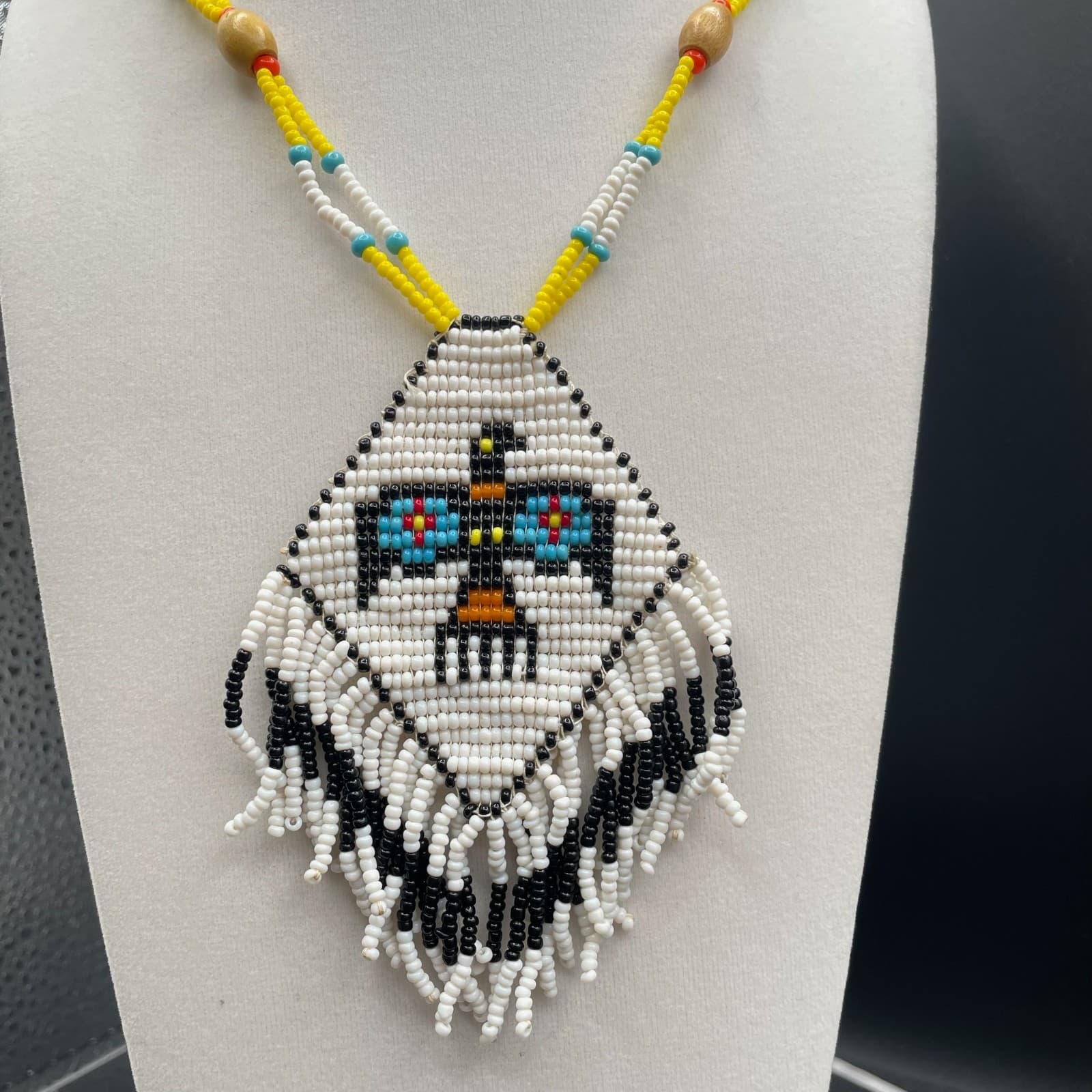 Vintage Glass Wood Thunderbird Motif Traditional Long Seed Beaded Necklace - 22" - Thumbnail 2