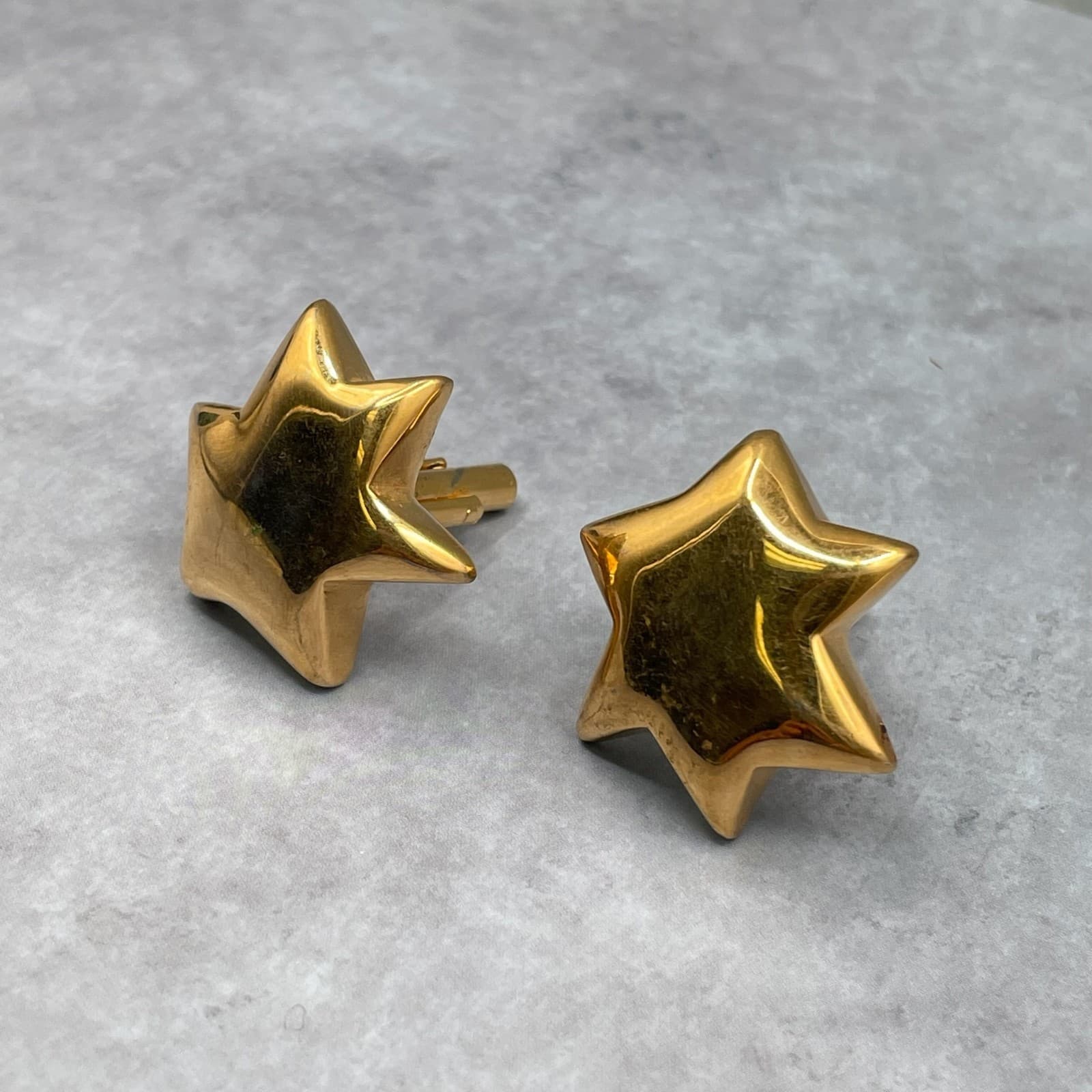 Vintage Chunky Shiny Gold Tone Clip-Back Puffed Star Cuff Links - Thumbnail 4
