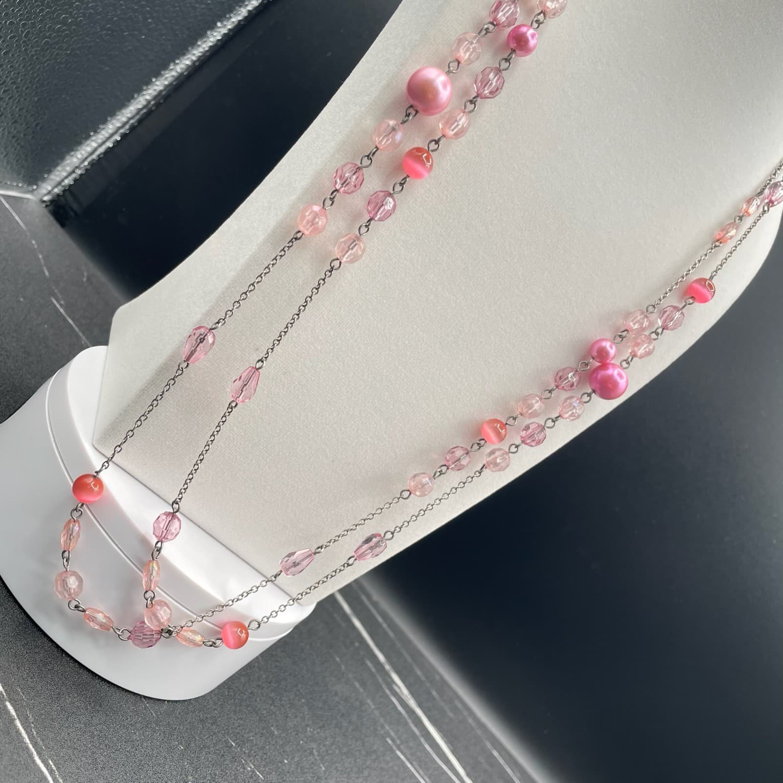 Vintage Pink Faux Pearl Crystal Glass Silver-Tone Classic Beaded Necklace - 30" - Thumbnail 3