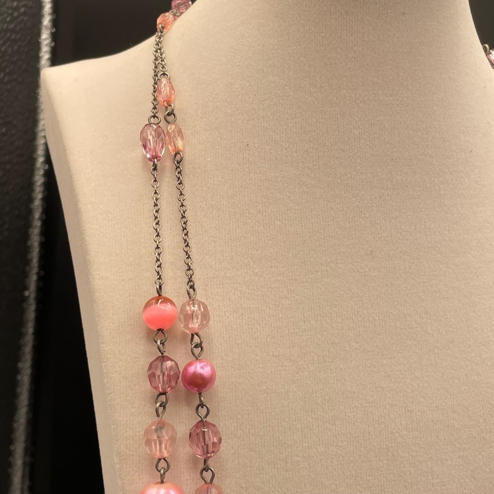 Vintage Pink Faux Pearl Crystal Glass Silver-Tone Classic Beaded Necklace - 30" - Thumbnail 7
