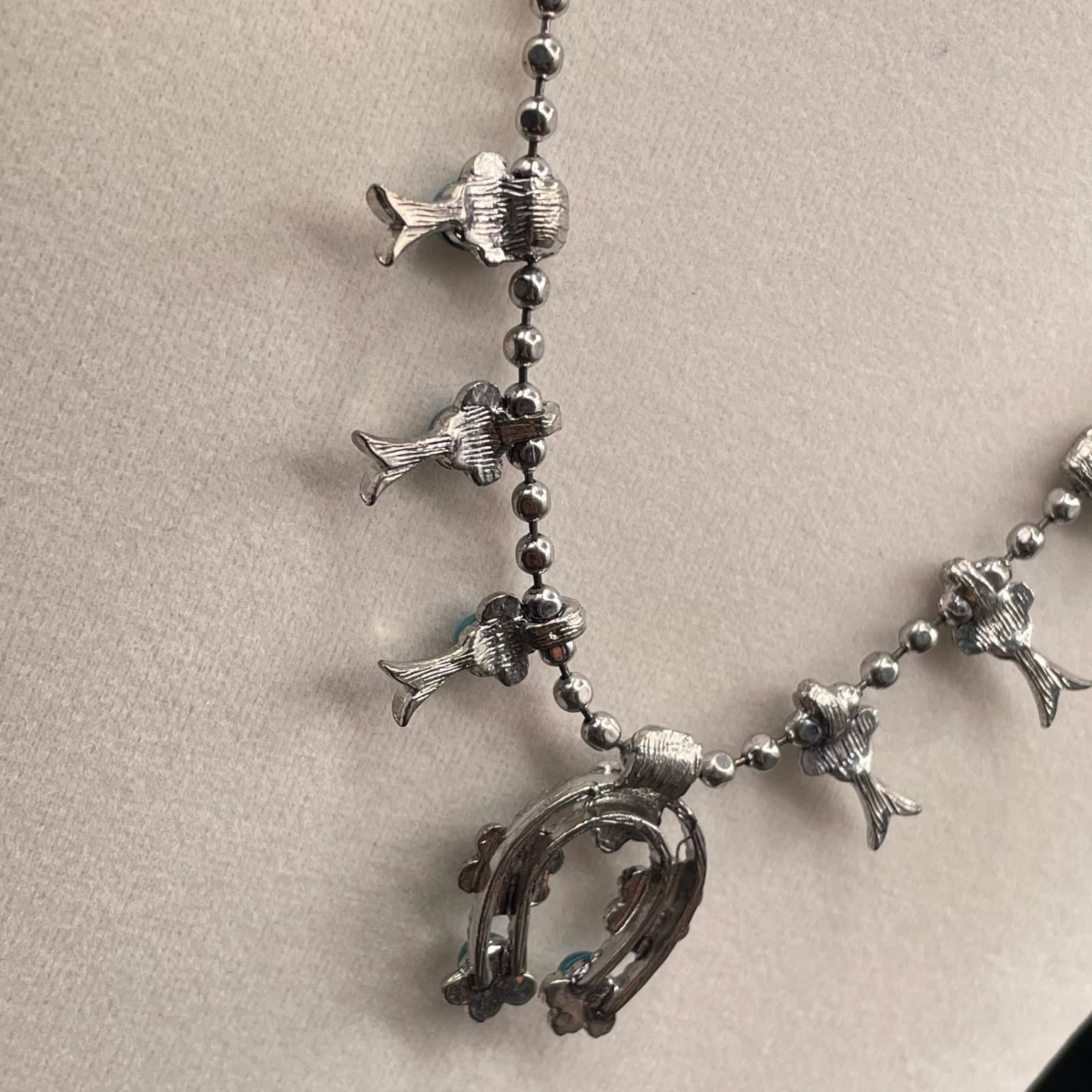 Vintage VTG Silver-Tone Lobster Turquoise Beaded Squash Blossom Naja Pendant - Thumbnail 3