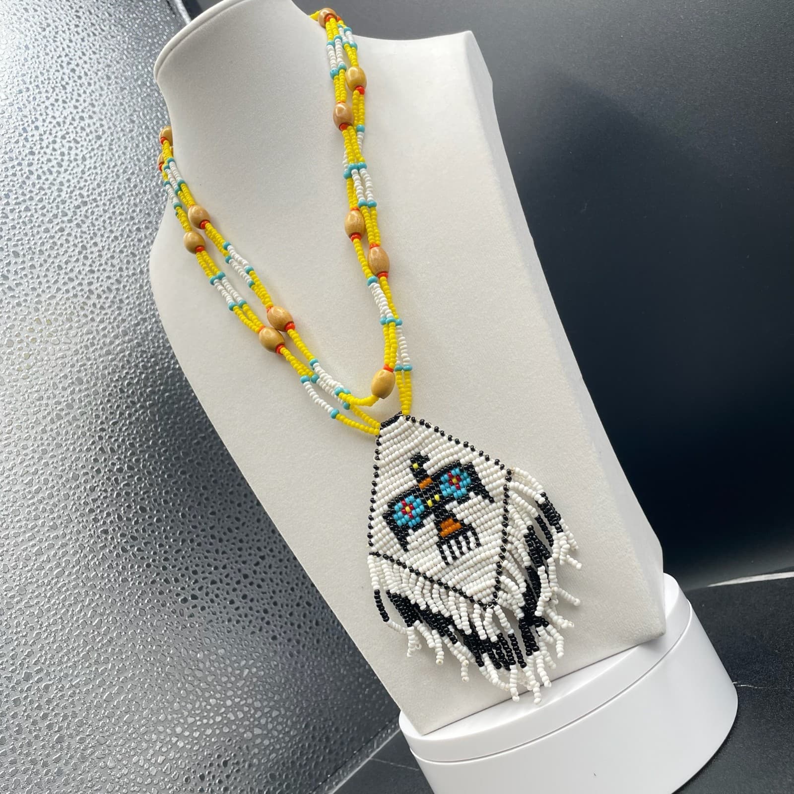 Vintage Glass Wood Thunderbird Motif Traditional Long Seed Beaded Necklace - 22" - Thumbnail 9