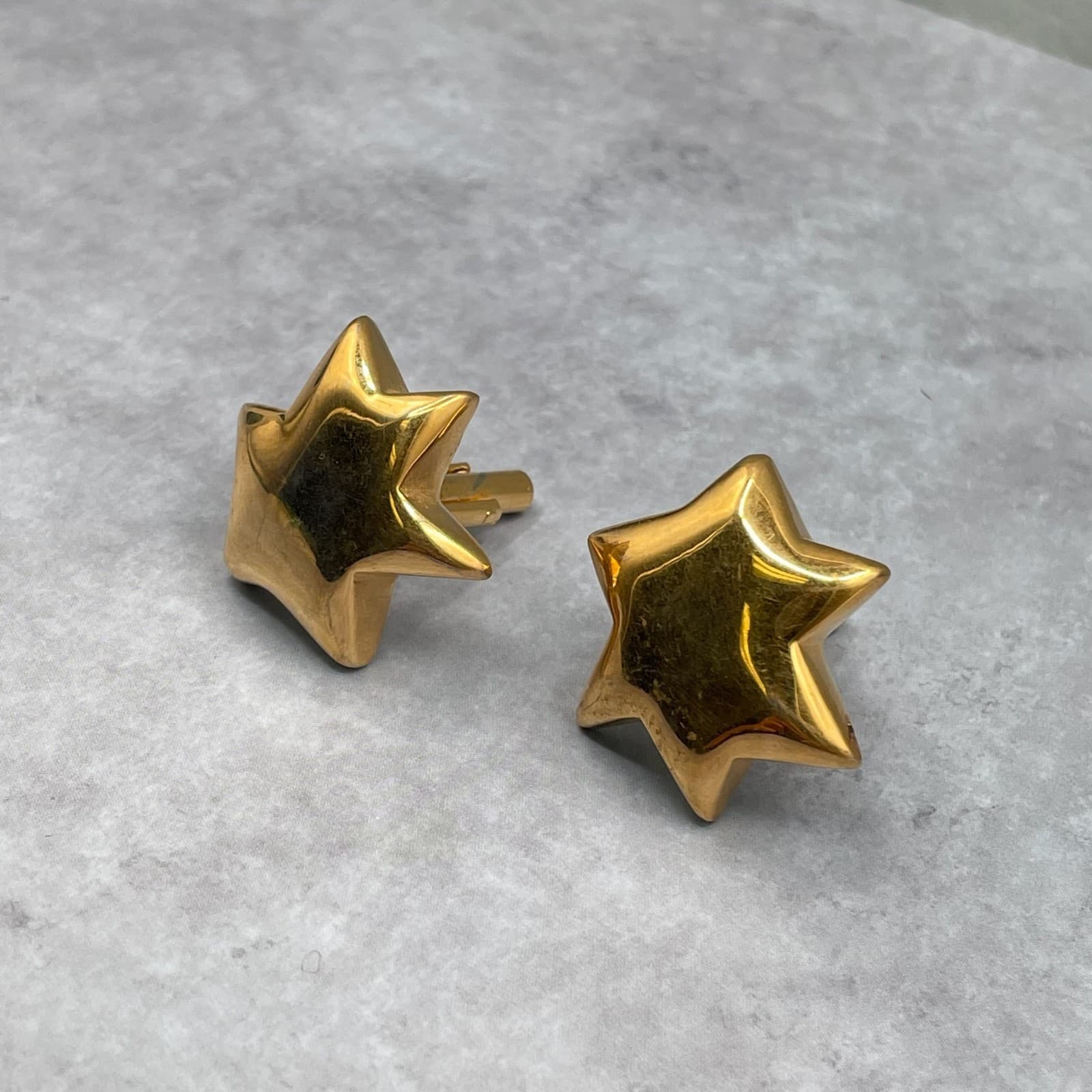 Vintage Chunky Shiny Gold Tone Clip-Back Puffed Star Cuff Links - Thumbnail 3