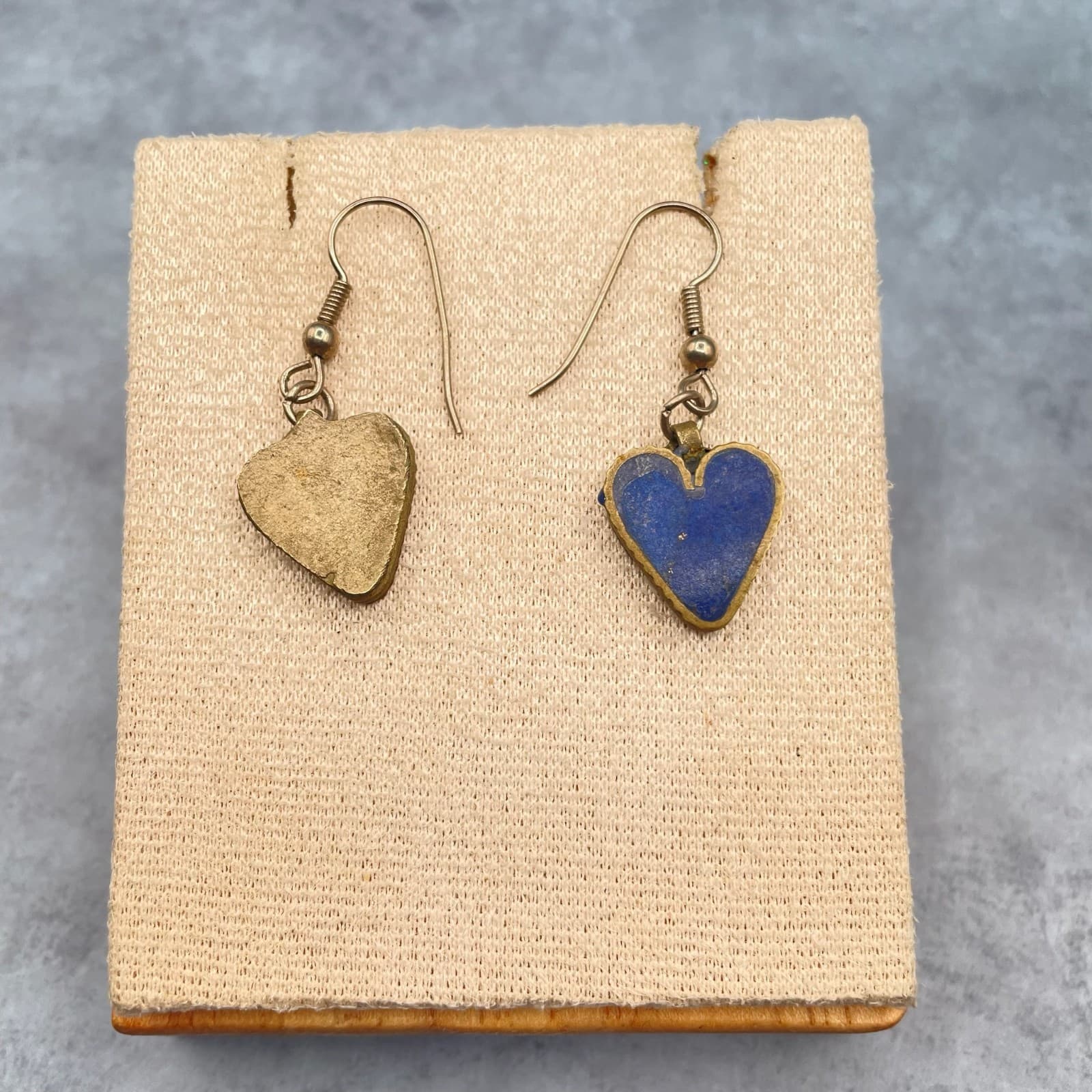 Vintage Style Boho Brass Tone Dangle Hook Lapis Lazuli Heart Drop Earrings - Thumbnail 7
