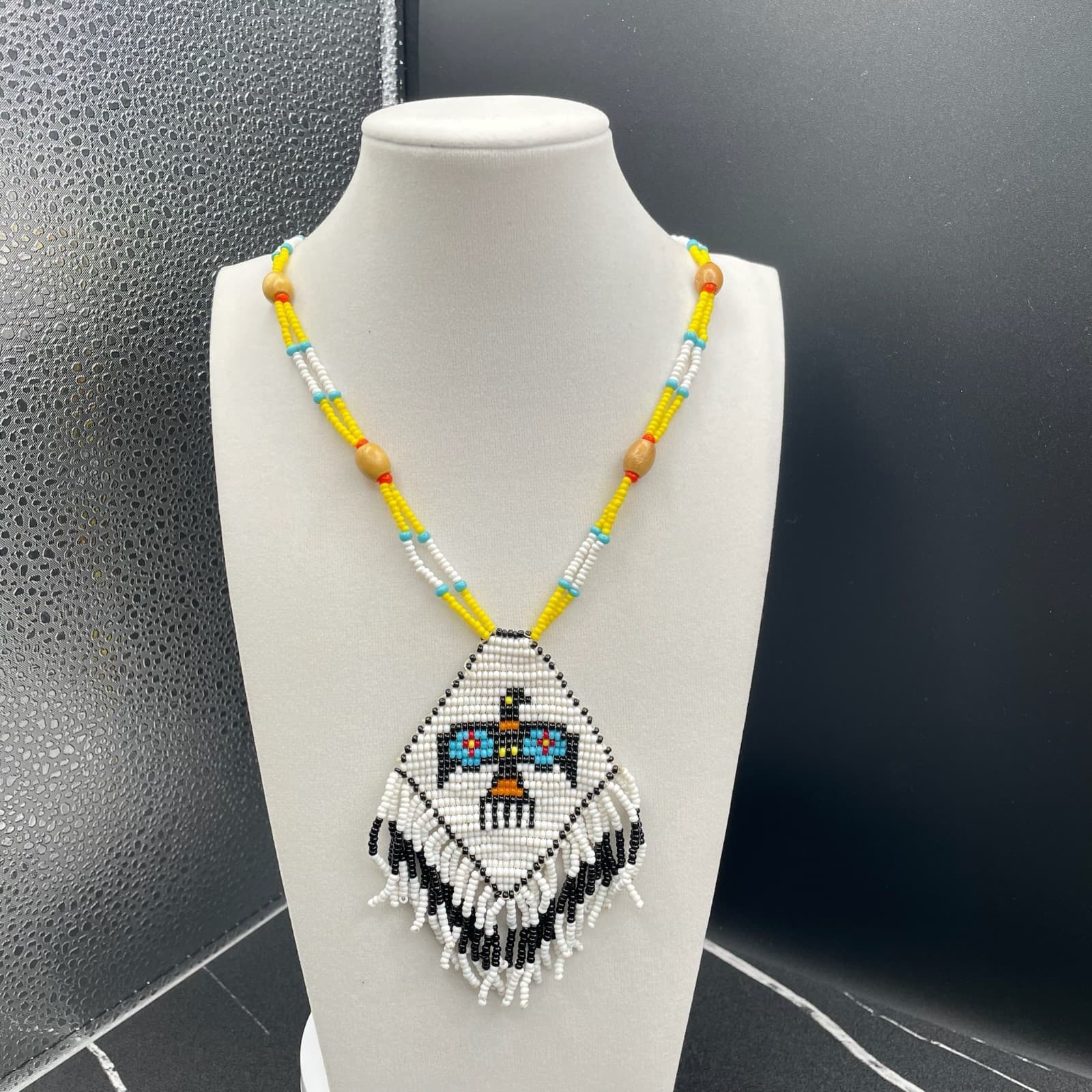 Vintage Glass Wood Thunderbird Motif Traditional Long Seed Beaded Necklace - 22" - Image 1