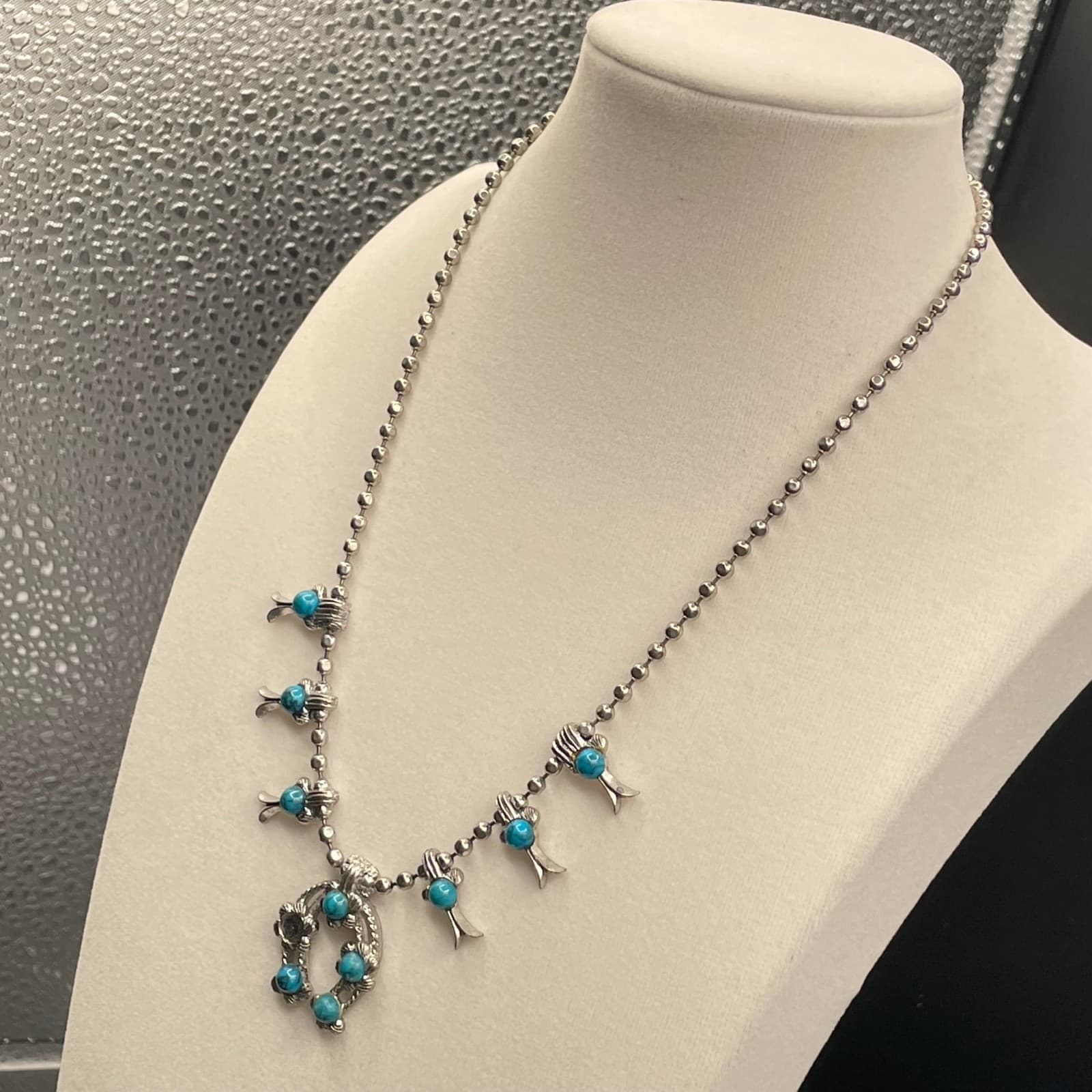 Vintage VTG Silver-Tone Lobster Turquoise Beaded Squash Blossom Naja Pendant - Thumbnail 9