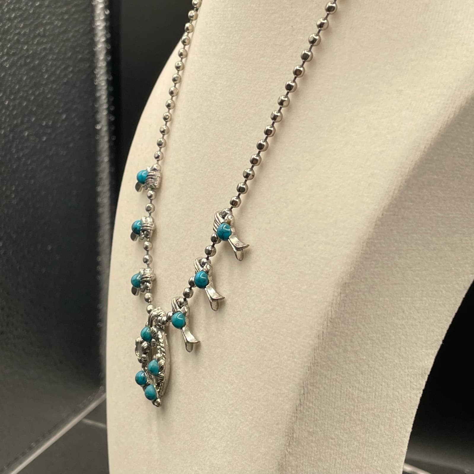 Vintage VTG Silver-Tone Lobster Turquoise Beaded Squash Blossom Naja Pendant - Thumbnail 10