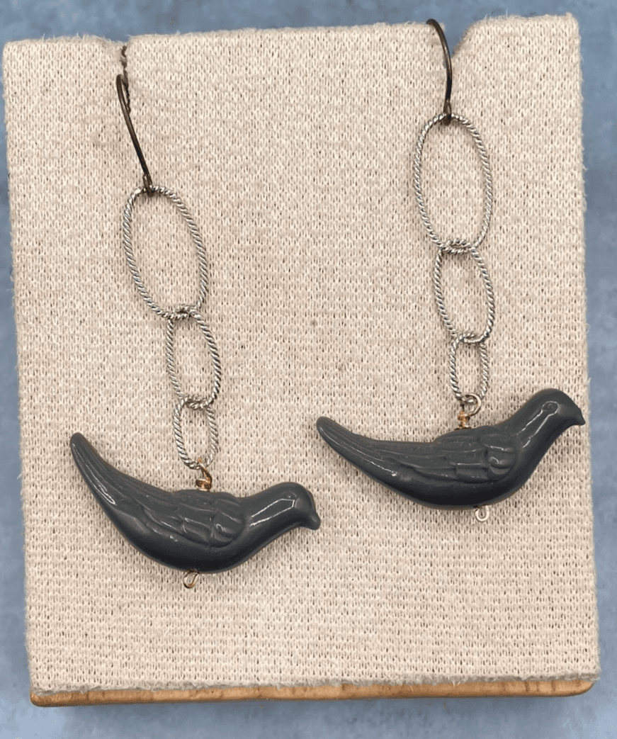Vintage Gray Resin Bird Earrings Dangle Hook Drop Silver Tone Chain Long - Image 1