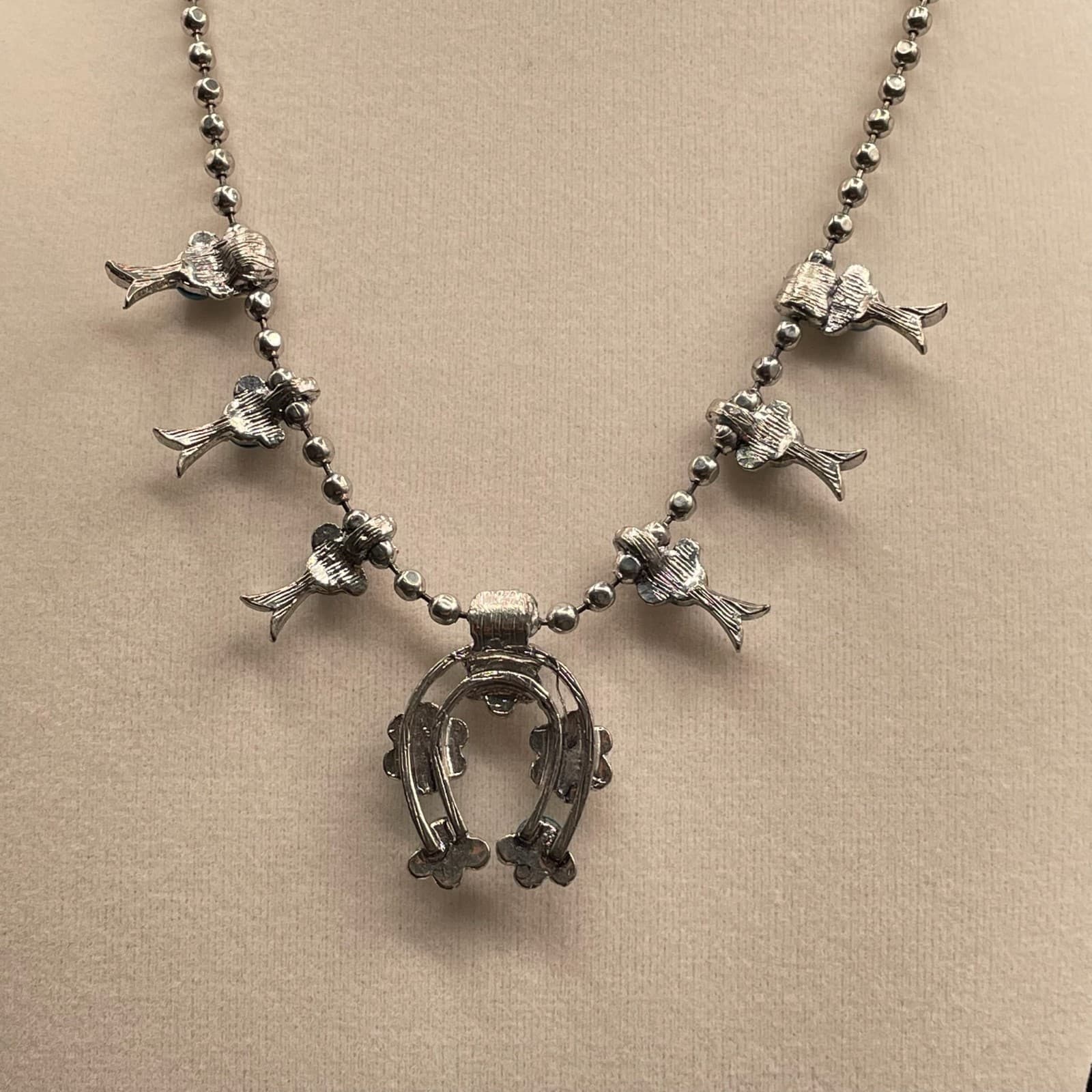 Vintage VTG Silver-Tone Lobster Turquoise Beaded Squash Blossom Naja Pendant - Thumbnail 2