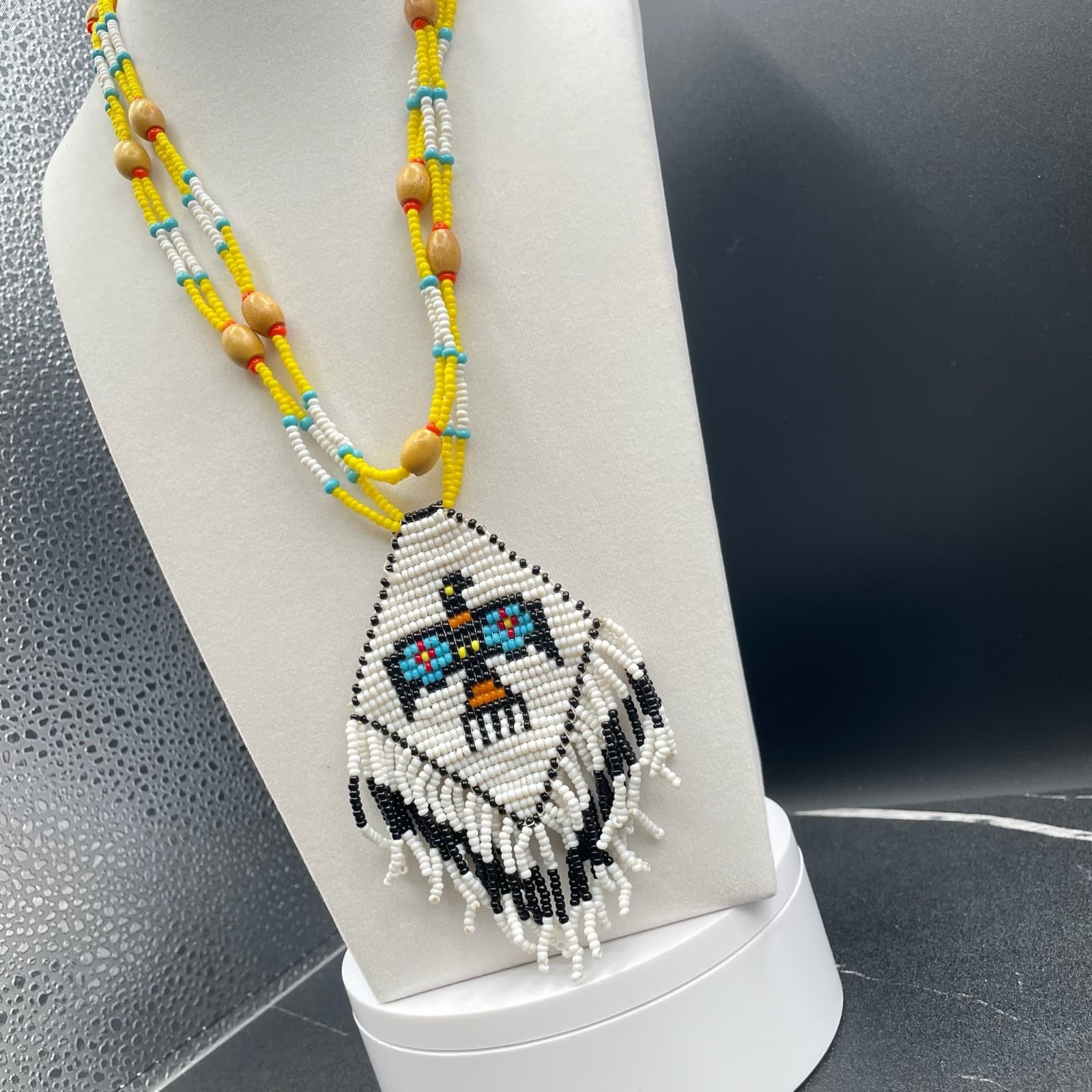 Vintage Glass Wood Thunderbird Motif Traditional Long Seed Beaded Necklace - 22" - Thumbnail 8