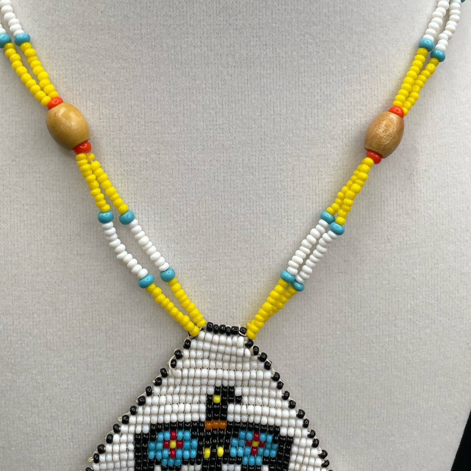 Vintage Glass Wood Thunderbird Motif Traditional Long Seed Beaded Necklace - 22" - Thumbnail 6