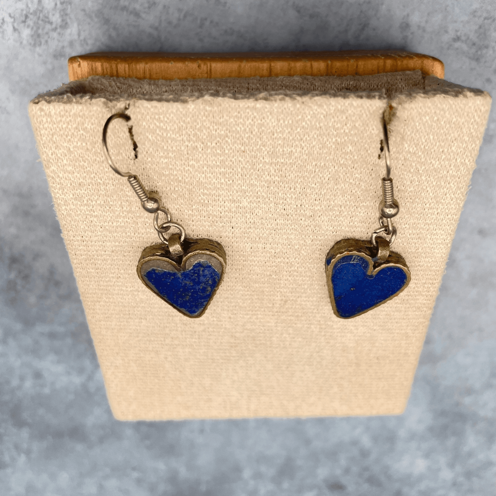 Vintage Style Boho Brass Tone Dangle Hook Lapis Lazuli Heart Drop Earrings - Thumbnail 4