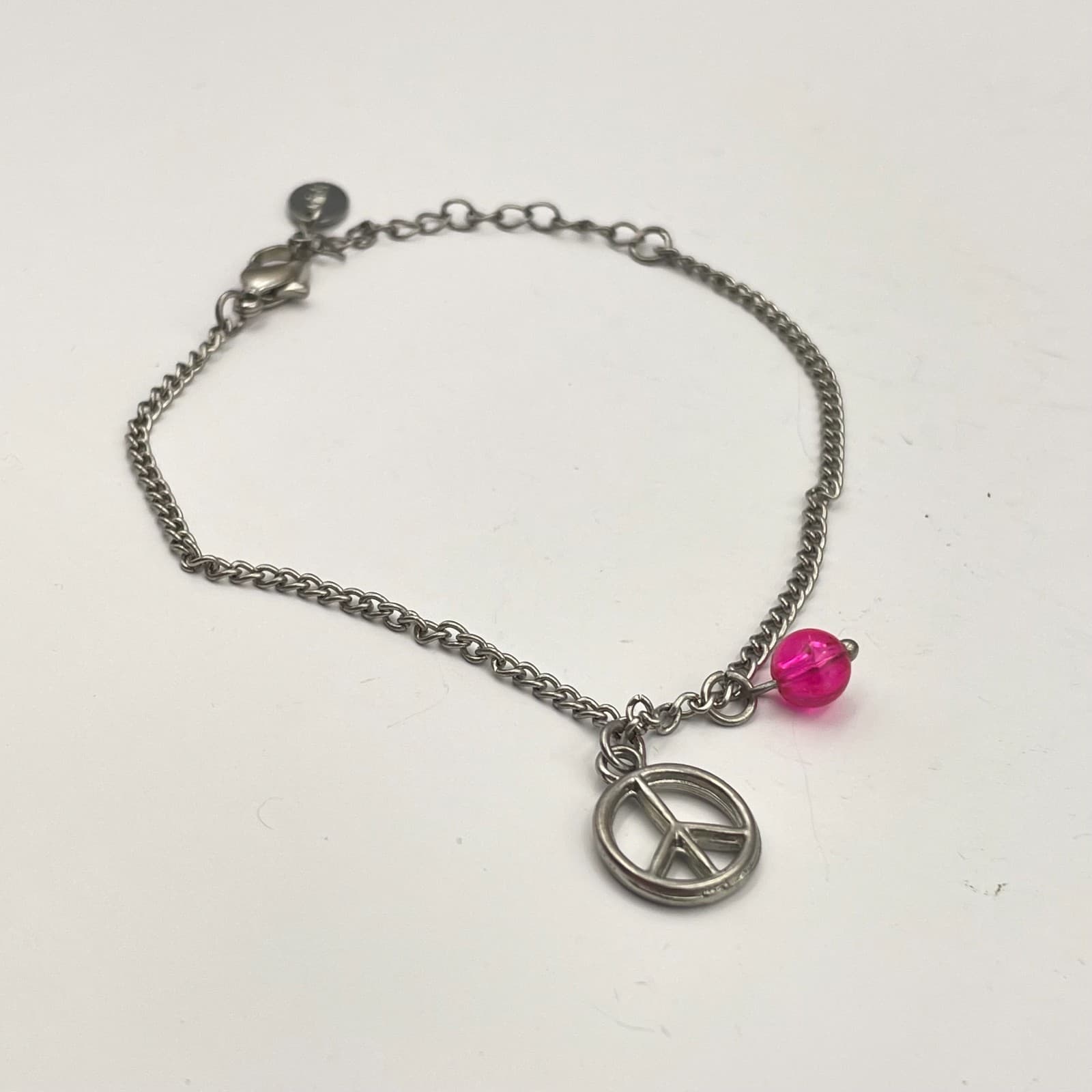 Vintage 80s Silver Peace Sign Charm Bracelet Pink Bead Dainty Hipie Boho Jewelry - Thumbnail 5