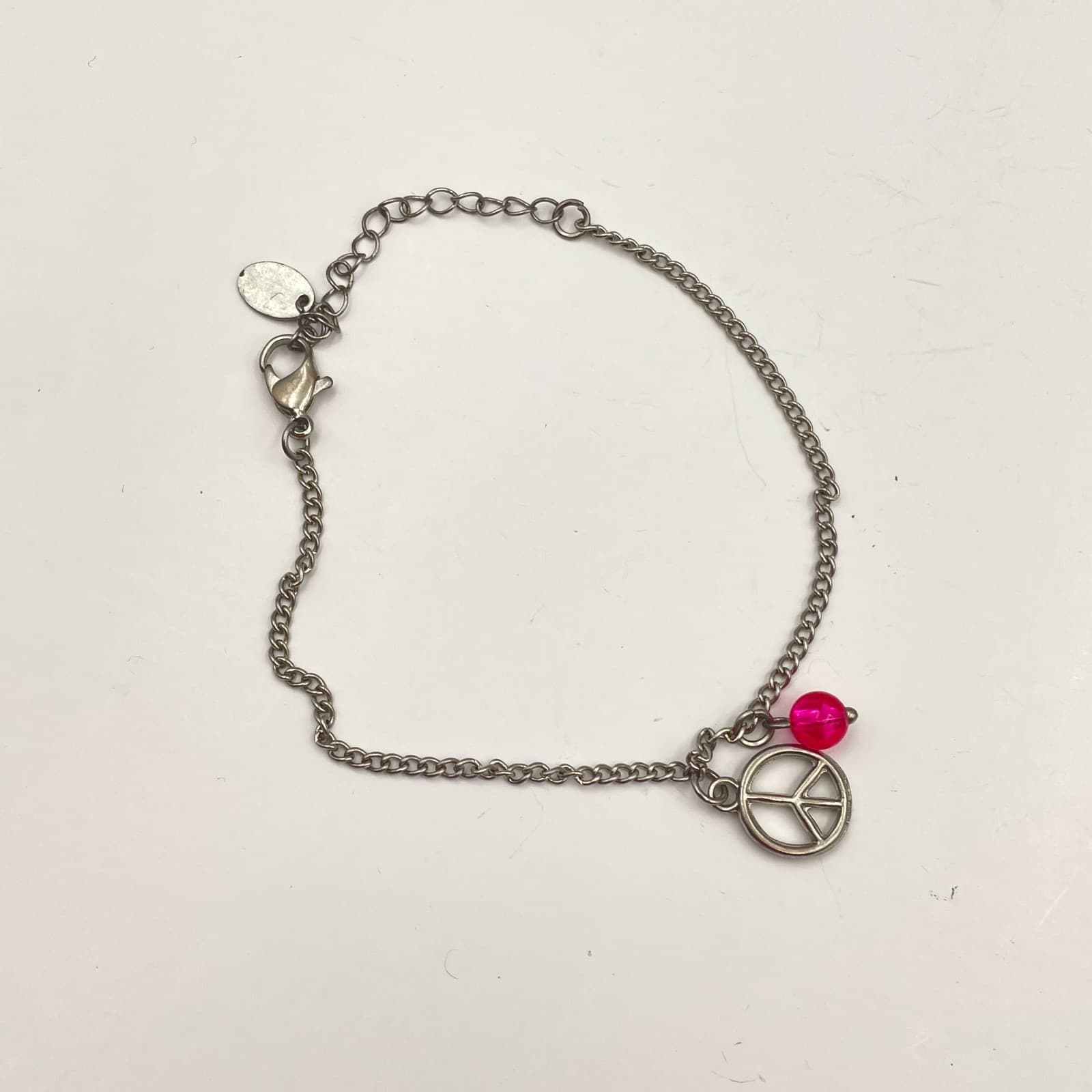 Vintage 80s Silver Peace Sign Charm Bracelet Pink Bead Dainty Hipie Boho Jewelry - Image 1