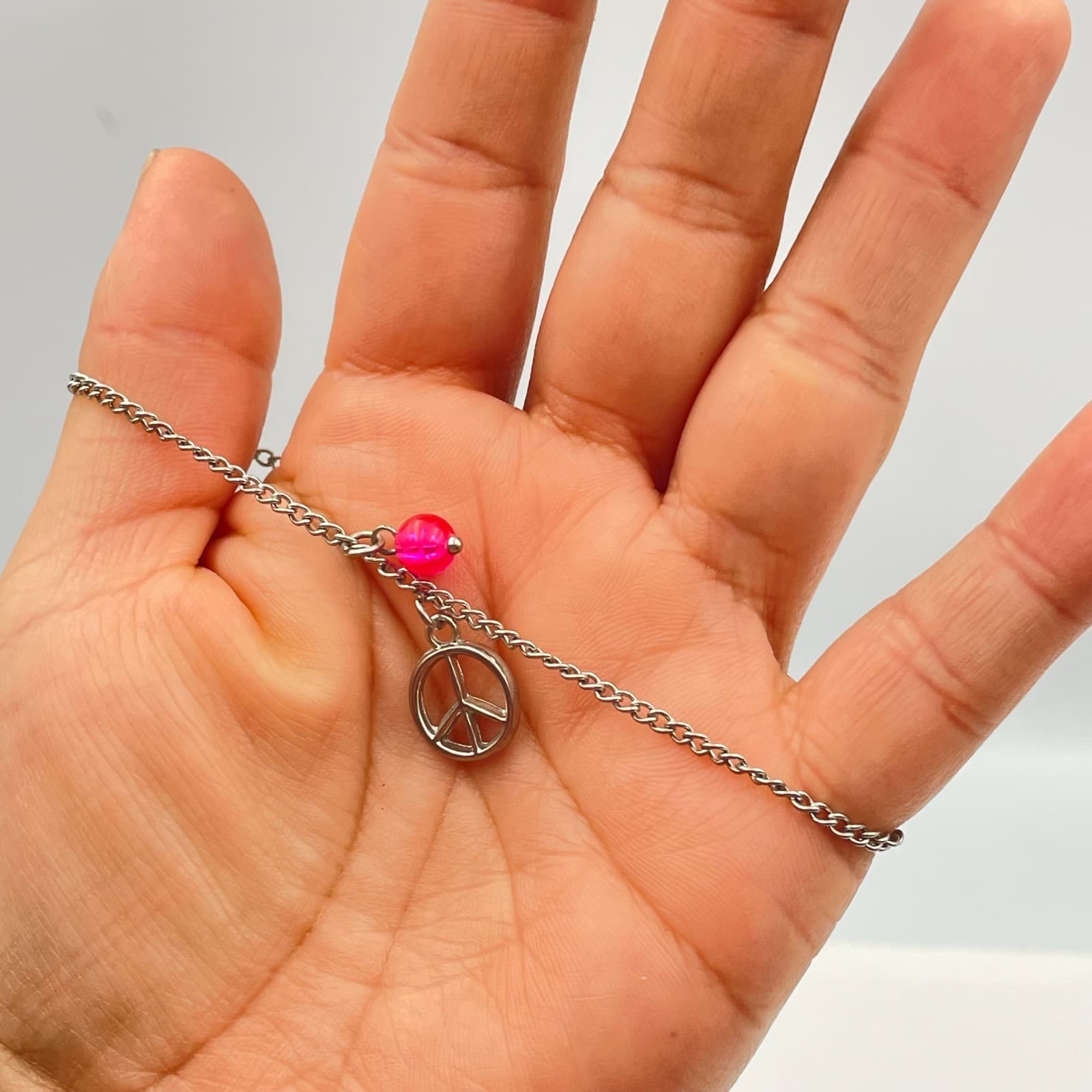 Vintage 80s Silver Peace Sign Charm Bracelet Pink Bead Dainty Hipie Boho Jewelry - Thumbnail 6