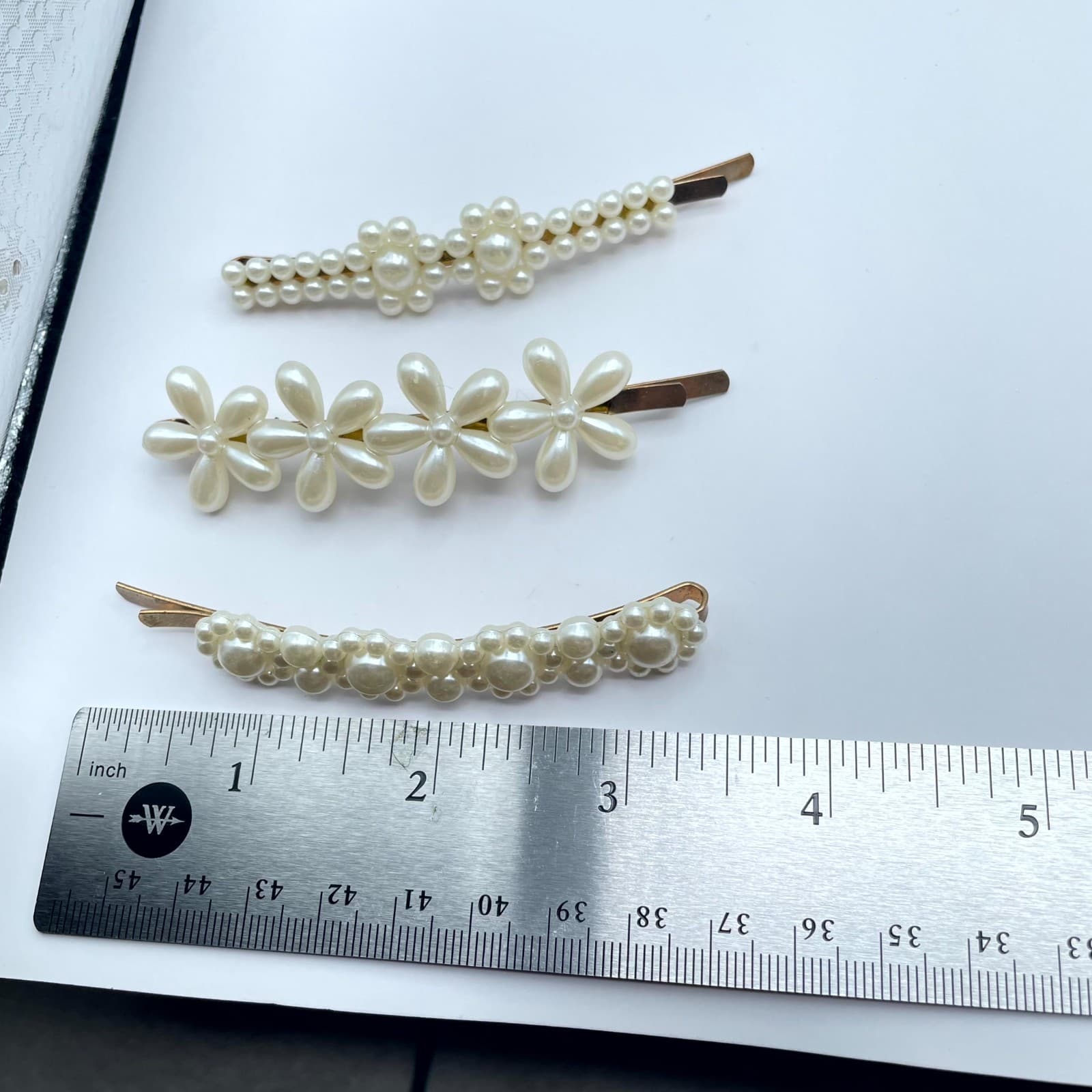 Vintage 3 Classic Faux Mother Of Pearls Floral Beaded Bobby Pin Hair Clips set - Thumbnail 3