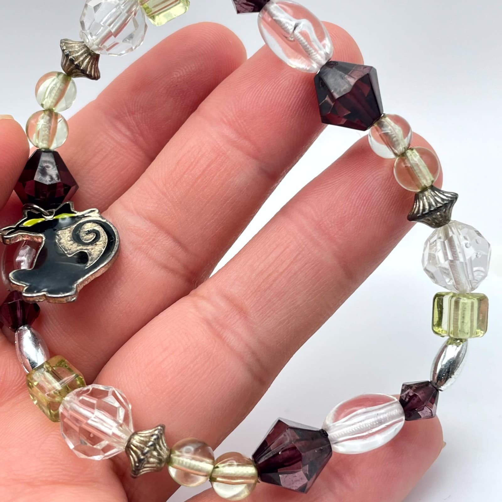 Contemporary Gold-Tone Classic Stretch Faceted Glass Beaded Cat Charm Bracelet - Thumbnail 4