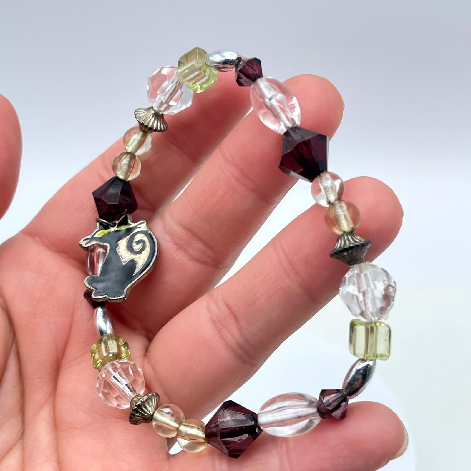 Contemporary Gold-Tone Classic Stretch Faceted Glass Beaded Cat Charm Bracelet - Thumbnail 6