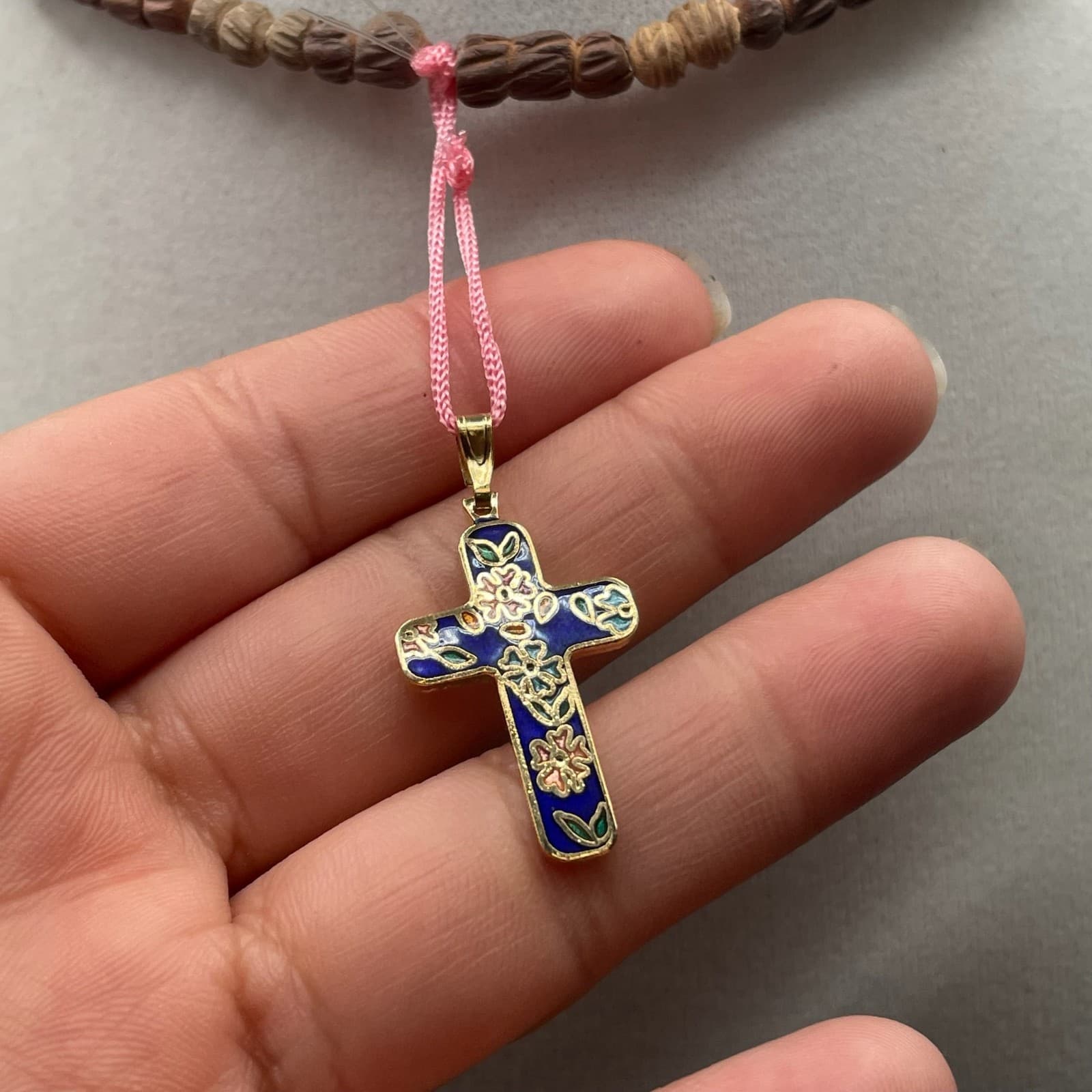 Vintage Beige Religious Terracotta Clay Beaded Cloisonné Cross Pendant Necklace - Thumbnail 3