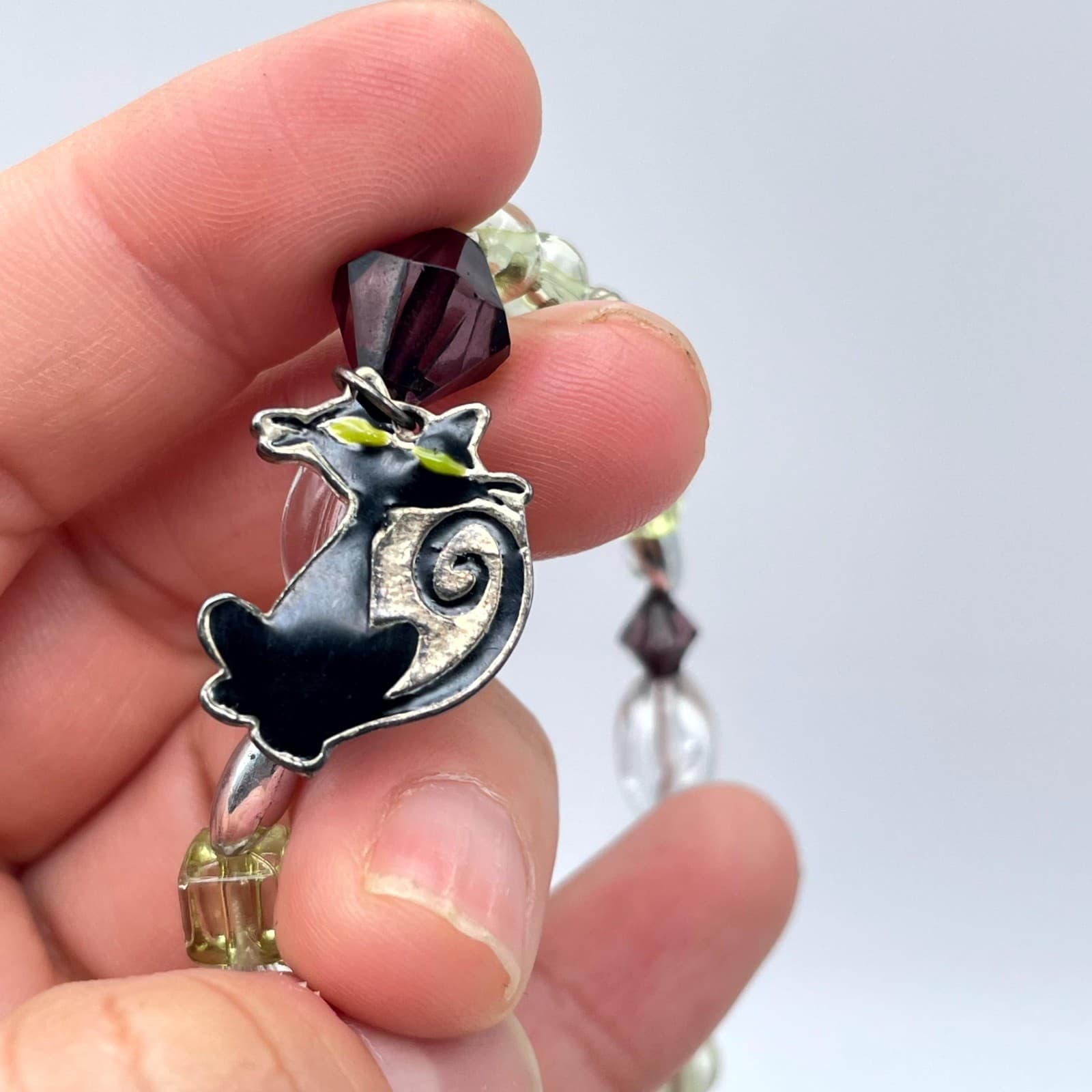 Contemporary Gold-Tone Classic Stretch Faceted Glass Beaded Cat Charm Bracelet - Thumbnail 11