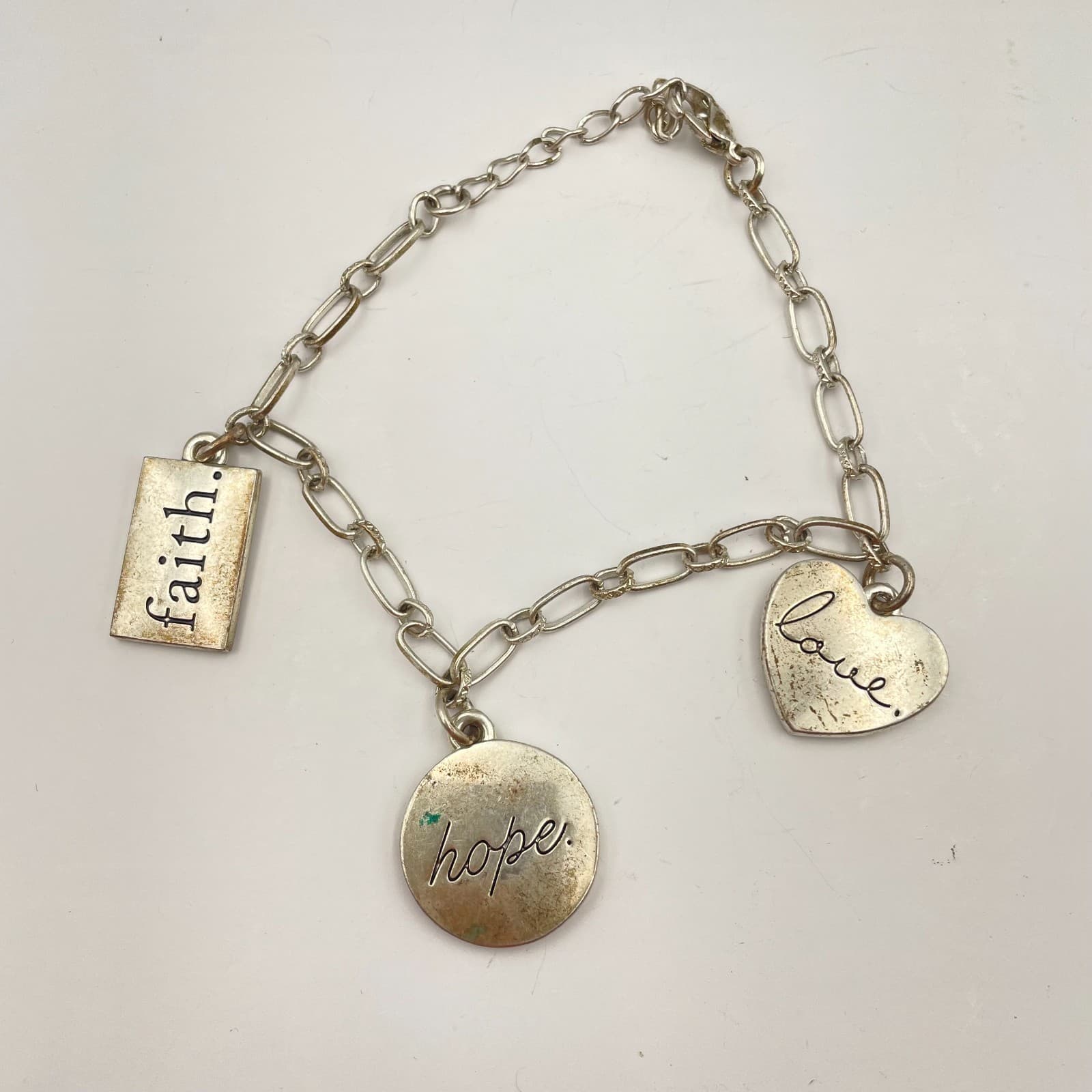 Vintage 90s Silver Charm Bracelet Faith Hope Love Paperclip Chain Dainty Jewelry - Thumbnail 2
