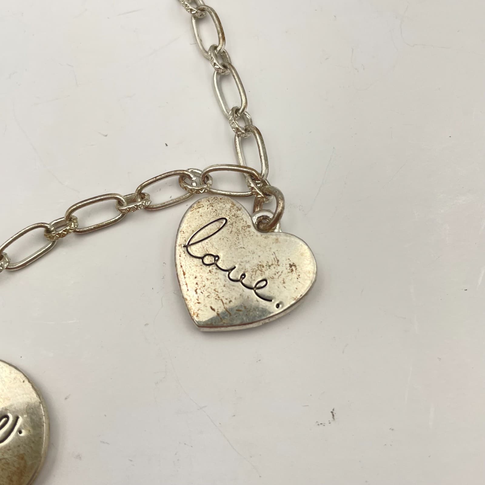 Vintage 90s Silver Charm Bracelet Faith Hope Love Paperclip Chain Dainty Jewelry - Thumbnail 5