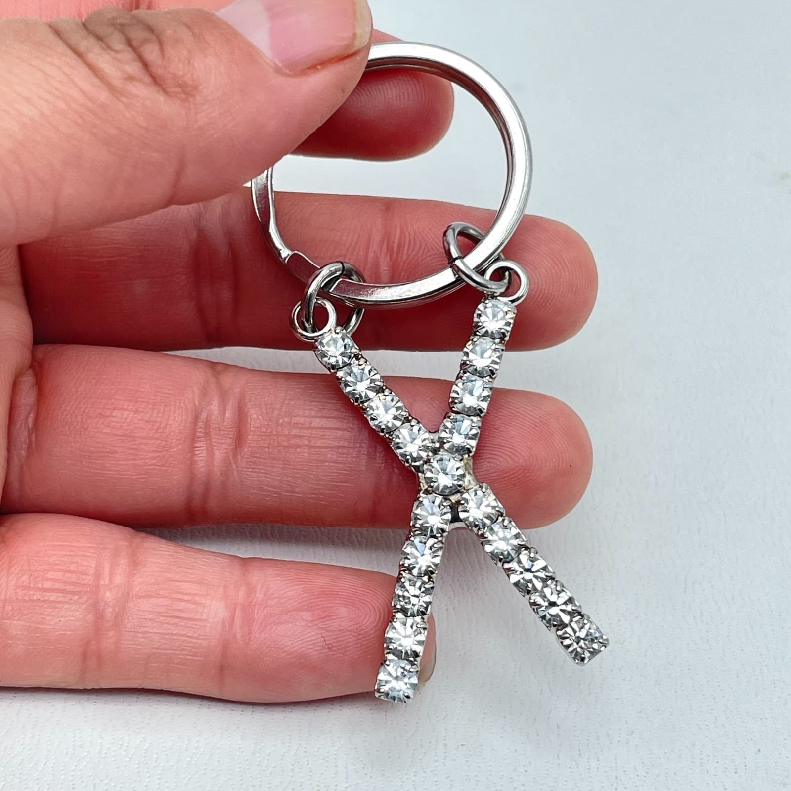 Vintage Silver-Tone Rhinestone-Encrusted Inlaided Initial Letter "X" Keychain - Thumbnail 4