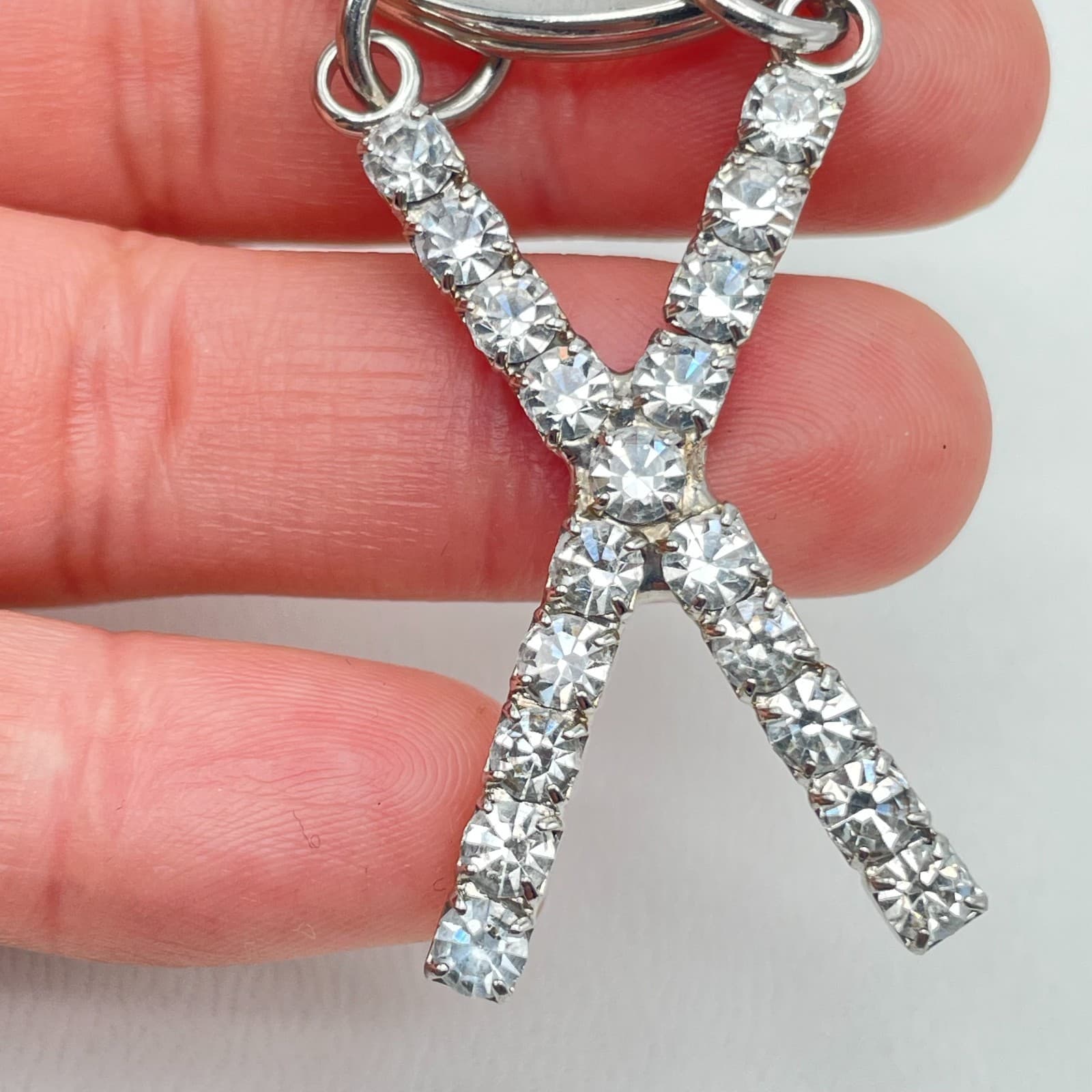 Vintage Silver-Tone Rhinestone-Encrusted Inlaided Initial Letter "X" Keychain - Thumbnail 6