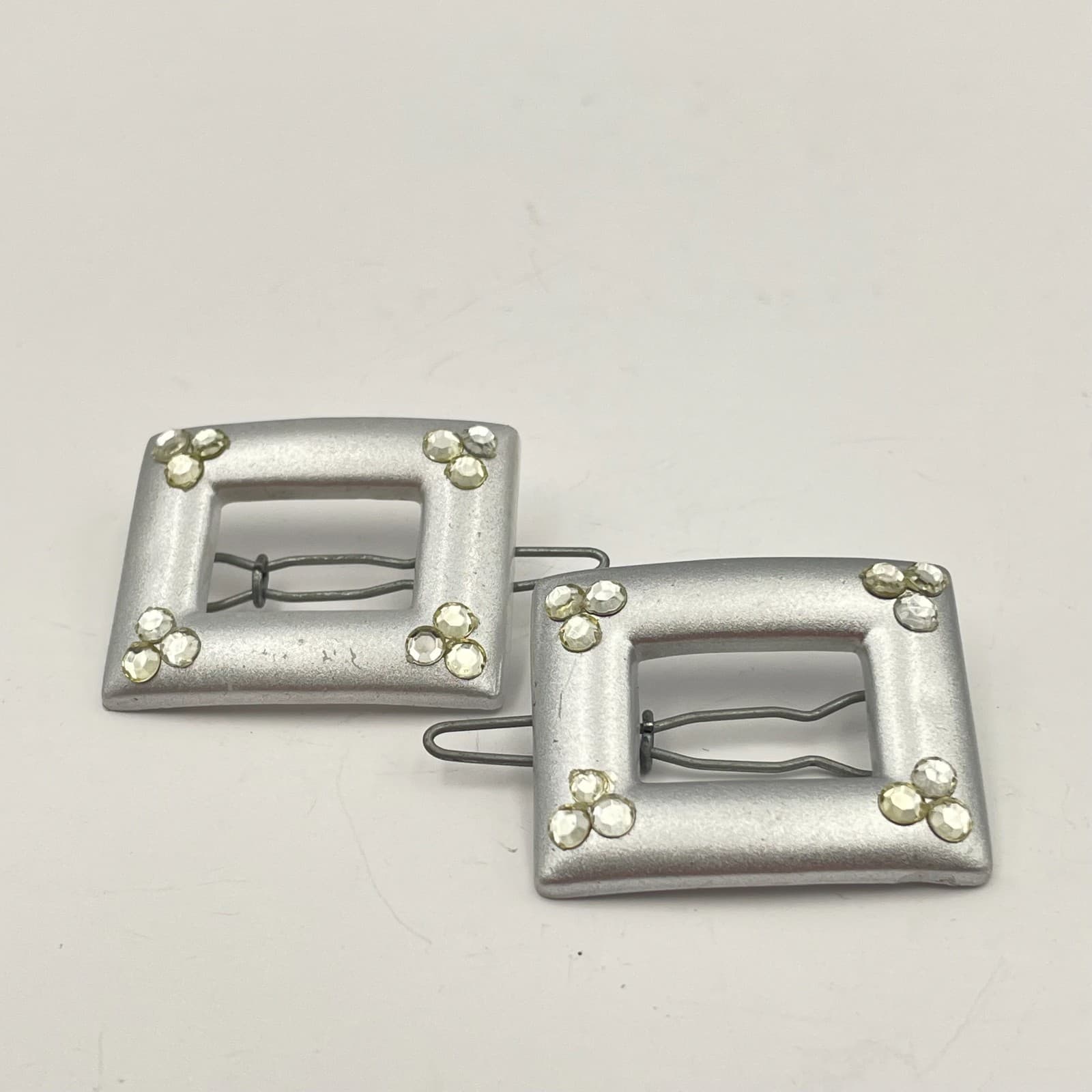 Vintage 70s Silver Rhinestone Square Buckle Slider Hair Clip Pair Style Jewelry - Thumbnail 2