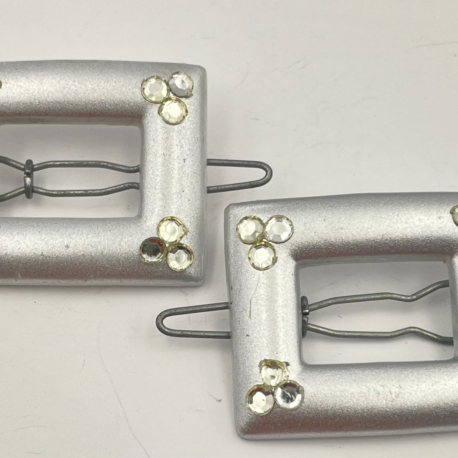 Vintage 70s Silver Rhinestone Square Buckle Slider Hair Clip Pair Style Jewelry - Thumbnail 3