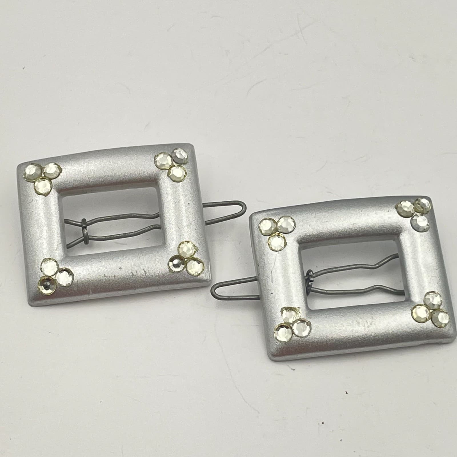 Vintage 70s Silver Rhinestone Square Buckle Slider Hair Clip Pair Style Jewelry - Thumbnail 6