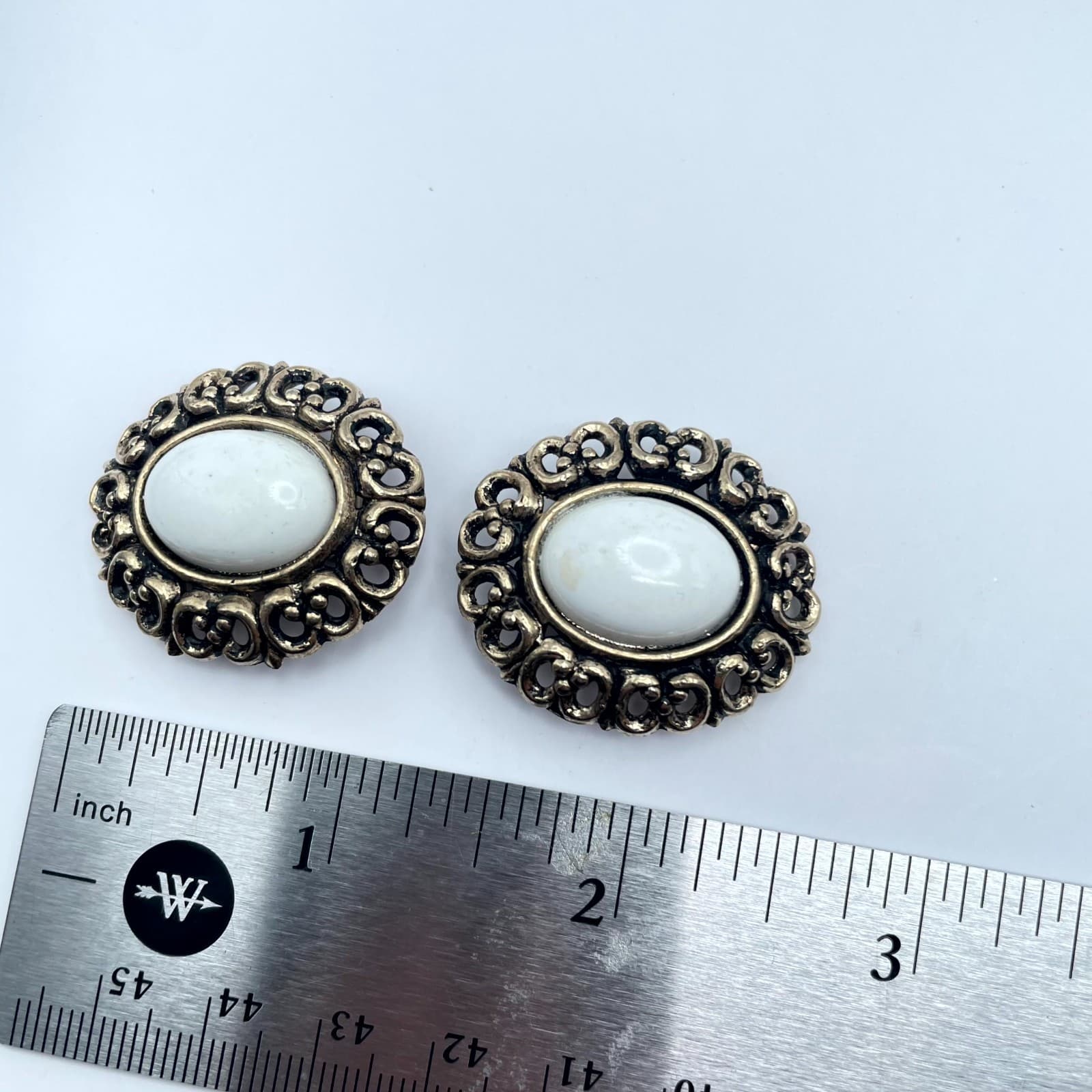 Vintage Gold-Tone Victorian Filigree Border Center Bead Clip-On Button Earrings - Thumbnail 3