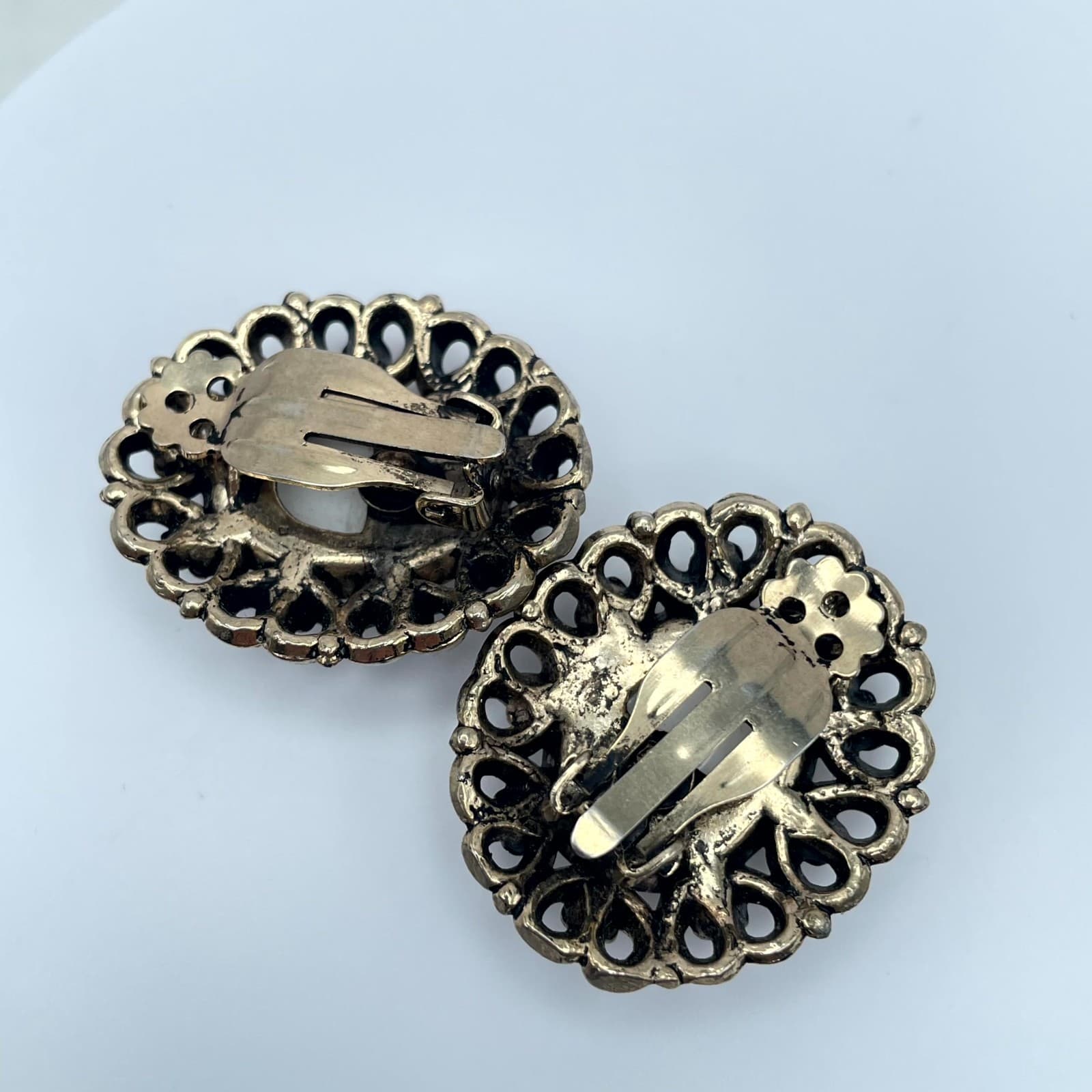 Vintage Gold-Tone Victorian Filigree Border Center Bead Clip-On Button Earrings - Thumbnail 5