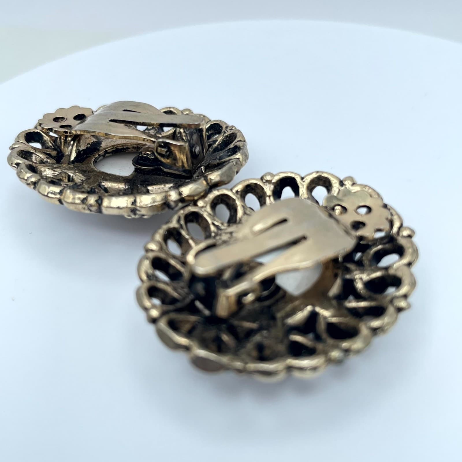 Vintage Gold-Tone Victorian Filigree Border Center Bead Clip-On Button Earrings - Thumbnail 6