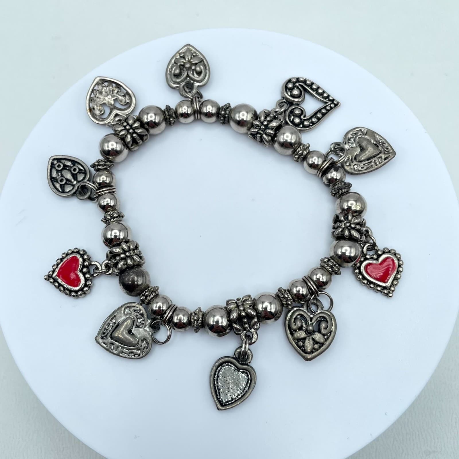 Y2K Bohemiam Silver-Tone Classic Elastic Ruby Shine Heart Multi-Charm Bracelet - Image 1