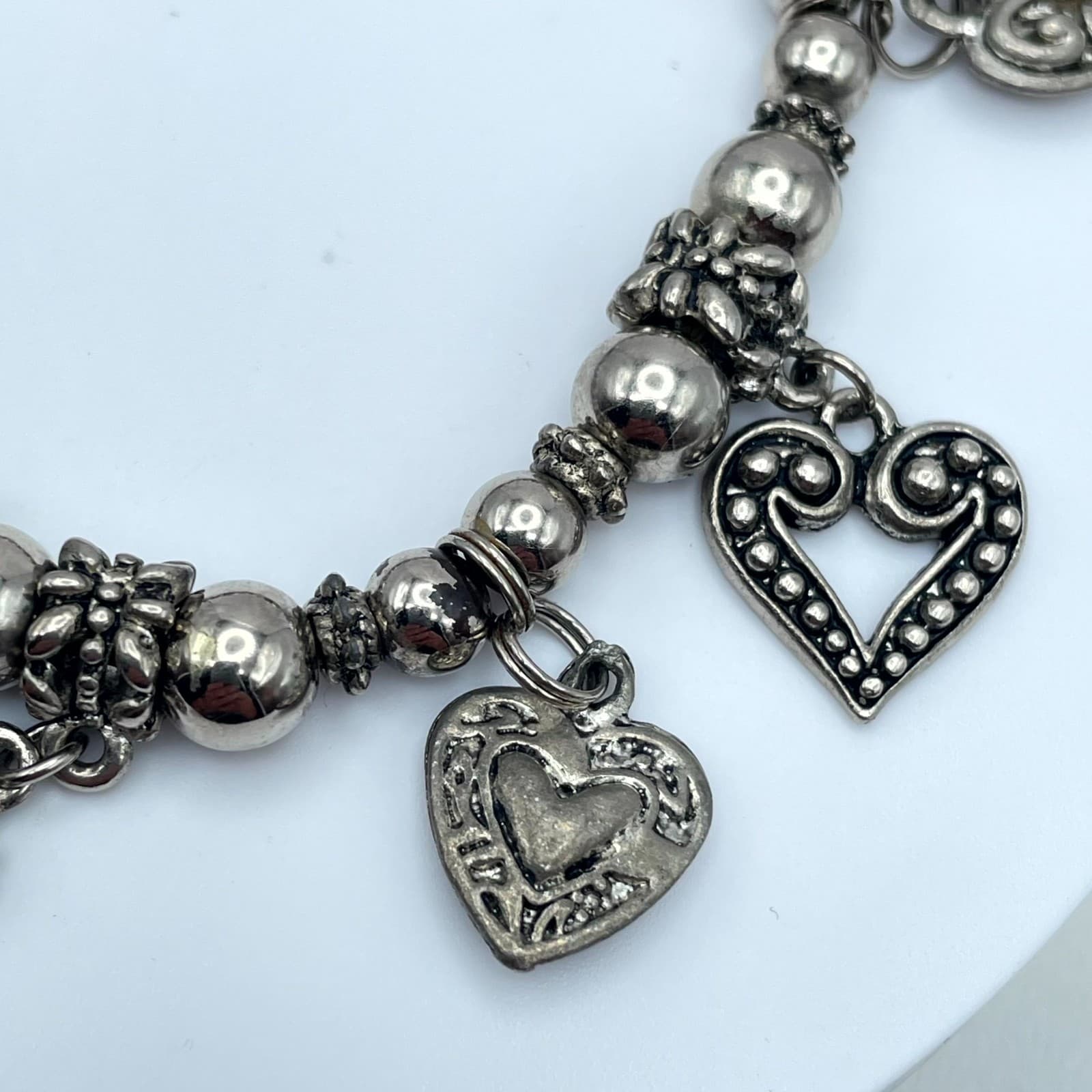 Y2K Bohemiam Silver-Tone Classic Elastic Ruby Shine Heart Multi-Charm Bracelet - Thumbnail 4