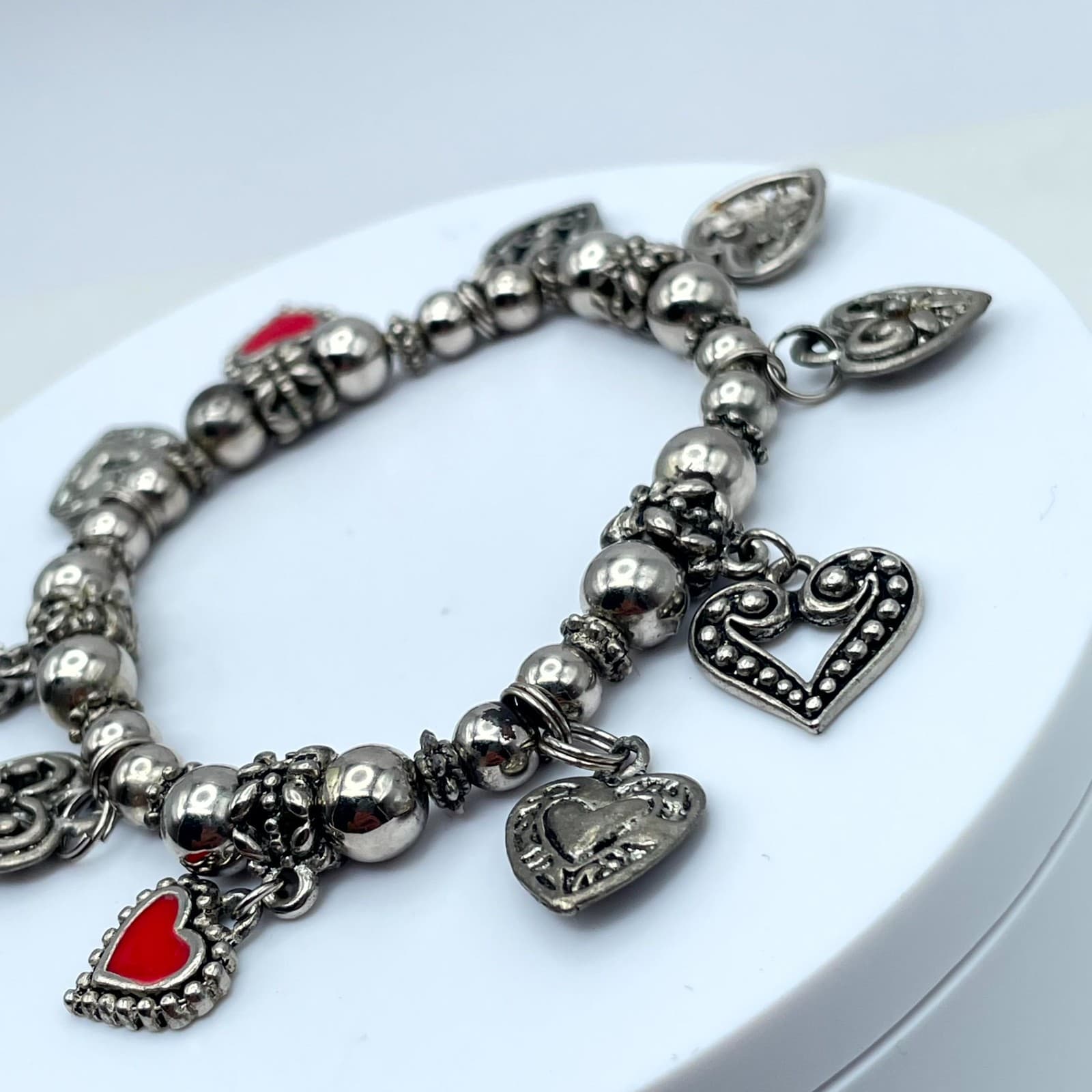 Y2K Bohemiam Silver-Tone Classic Elastic Ruby Shine Heart Multi-Charm Bracelet - Thumbnail 6
