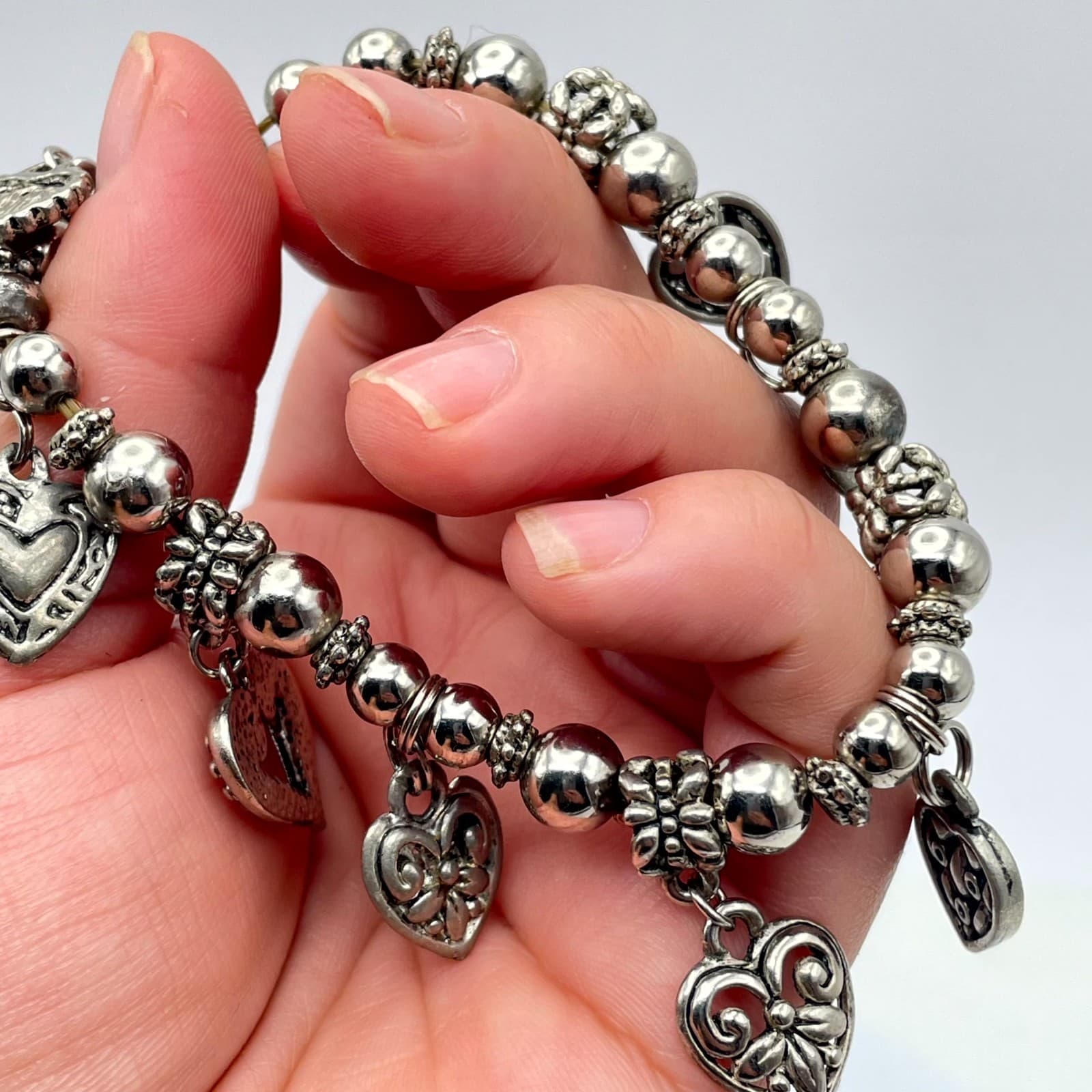 Y2K Bohemiam Silver-Tone Classic Elastic Ruby Shine Heart Multi-Charm Bracelet - Thumbnail 7