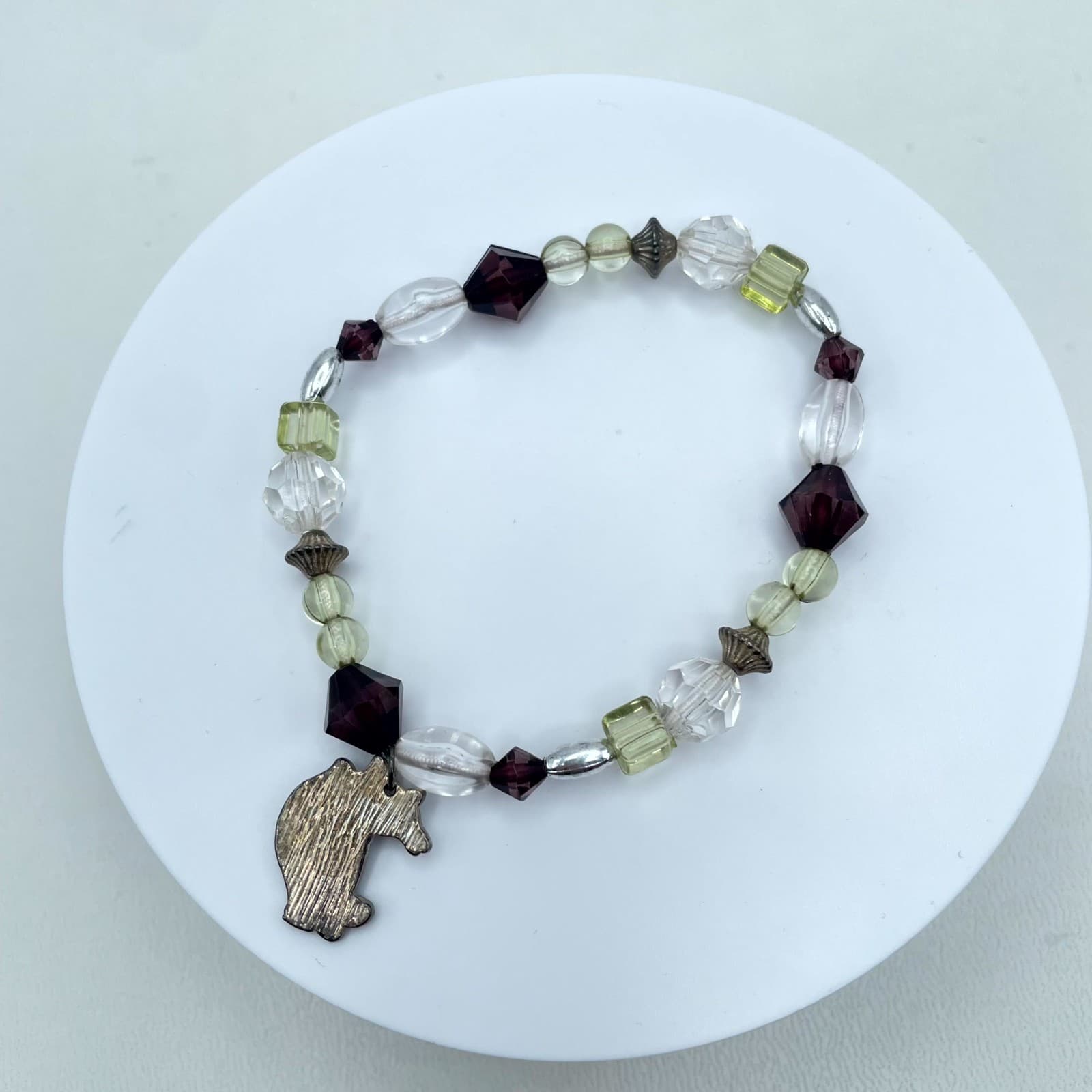 Contemporary Gold-Tone Classic Stretch Faceted Glass Beaded Cat Charm Bracelet - Thumbnail 2